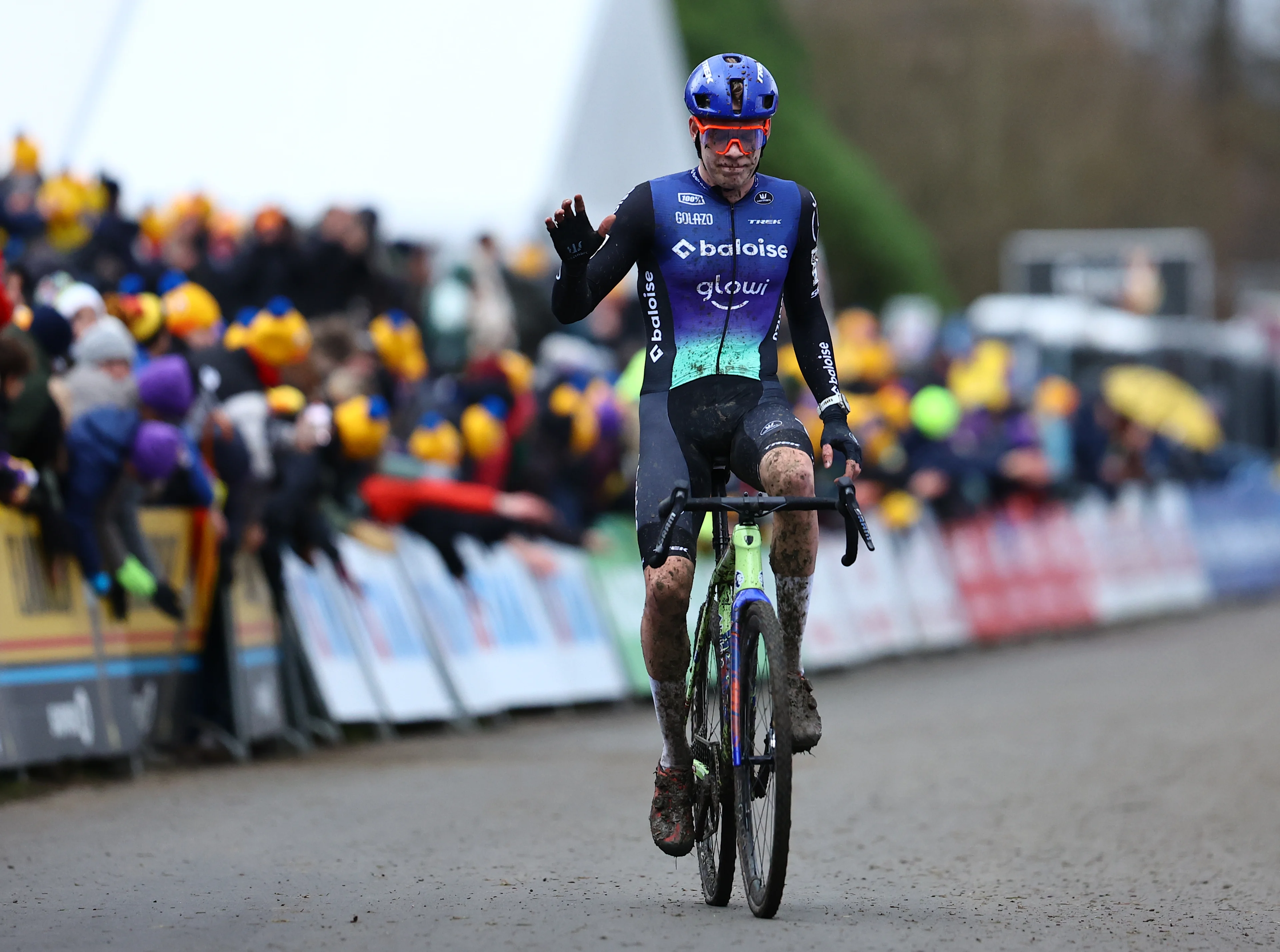 Dutch Pim Ronhaar crosses the finish line as second at the men's elite race of the 'GP Sven Nys' cyclocross cycling event on Wednesday 01 January 2025 in Baal, stage 5/8 in the X2O Badkamers 'Trofee Veldrijden' competition. BELGA PHOTO DAVID PINTENS