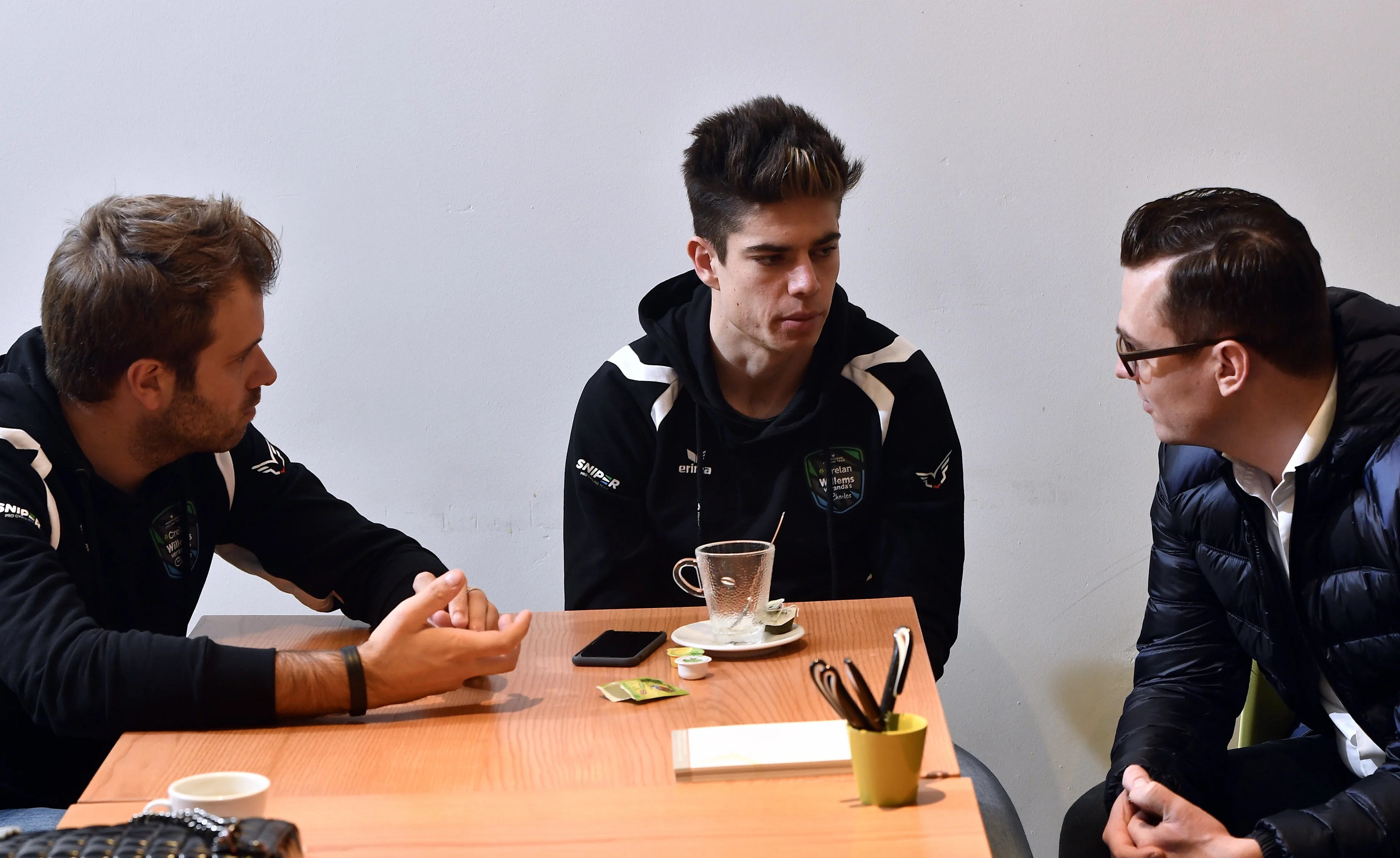 Sports director Niels Albert, Belgian Wout Van Aert and Nick Nuyens pictured during a press conference of reigning Belgian national champion cyclocross Van Aert ahead of the upcoming Belgian Championship in Oostende, on Tuesday 03 January 2017, in Geel. BELGA PHOTO ERIC LALMAND