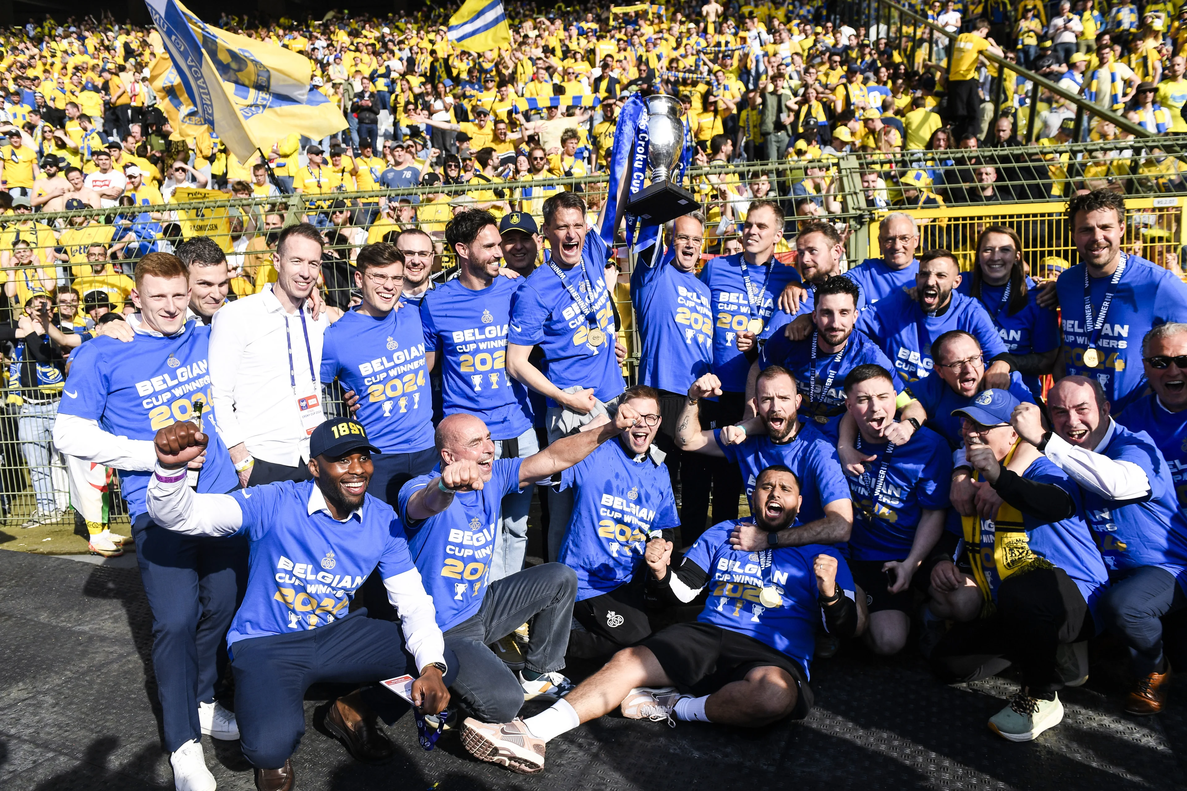 Union's head coach Alexander Blessin and his staff celebrate after winning the match between RUSG Royale Union Saint-Gilloise vs RAFC Royal Antwerp FC, the final of the Belgian Croky Cup, at the King Baudouin stadium in Brussels, Thursday 09 May 2024. BELGA PHOTO GOYVAERTS