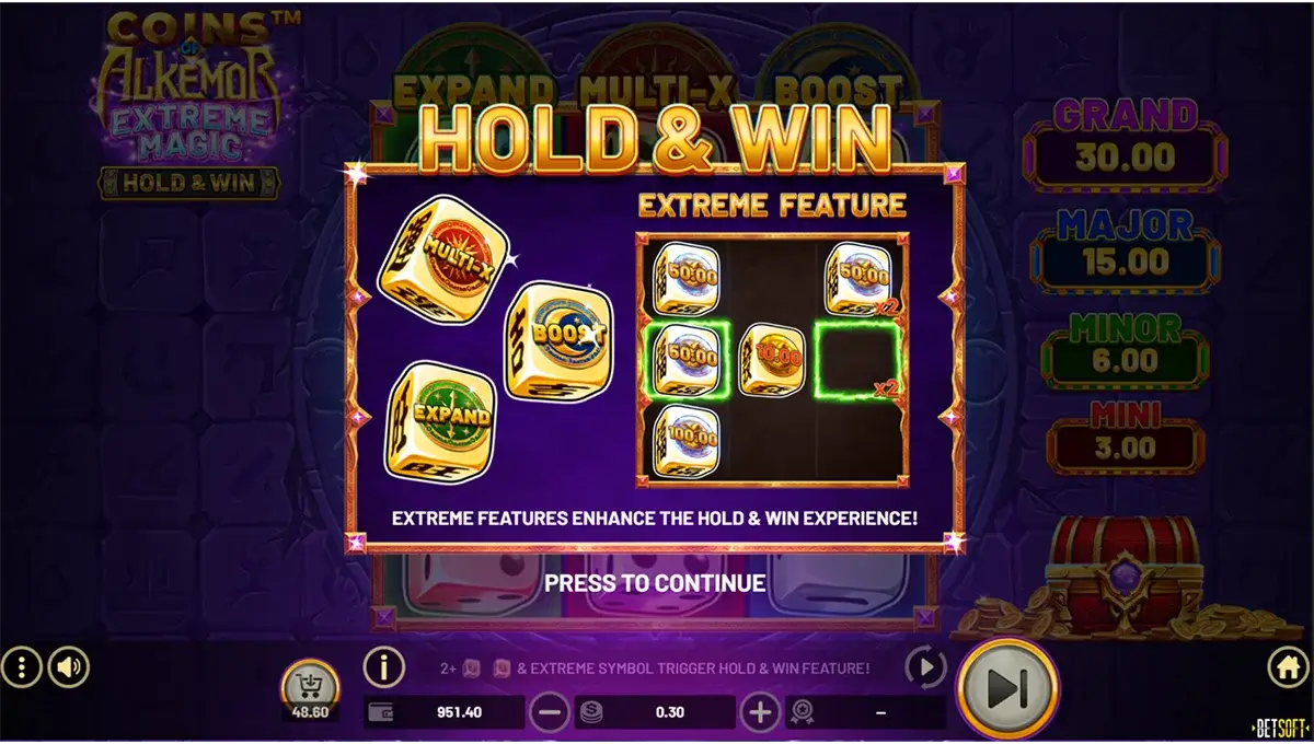 Capture d'écran de la fonction Buy feature sur le jeu de casino Betsoft, Coins of Alkemor - Extreme Magic