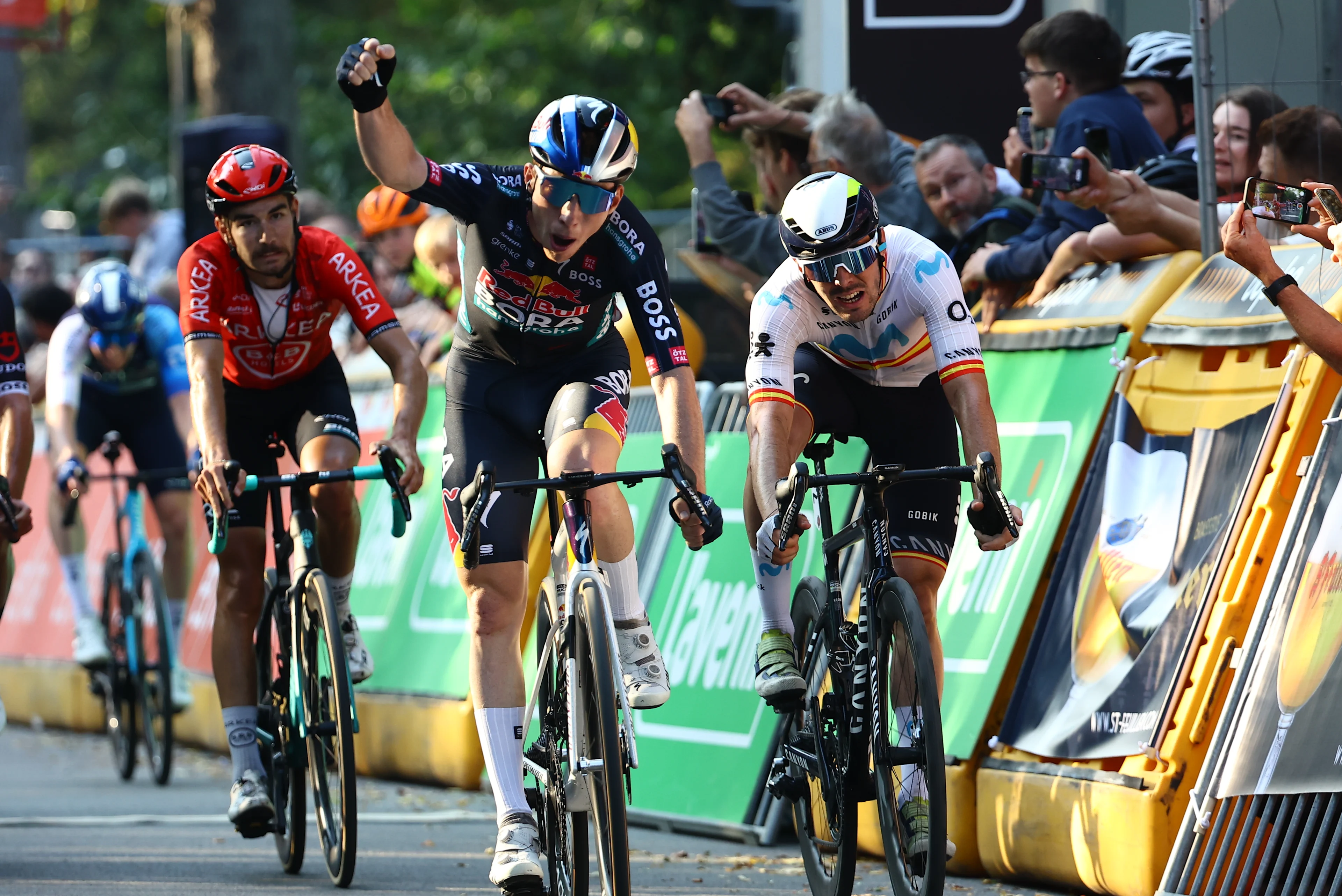 Spanish Roger Adria of Red Bull-Bora-Hansgrohe celebrates as he crosses the finish line to win the one day cycling race Grand Prix de Wallonie 2024 (202,3 km), from Blegny to the Citadelle de Namur, in Namur, on Wednesday 18 September 2024. BELGA PHOTO DAVID PINTENS