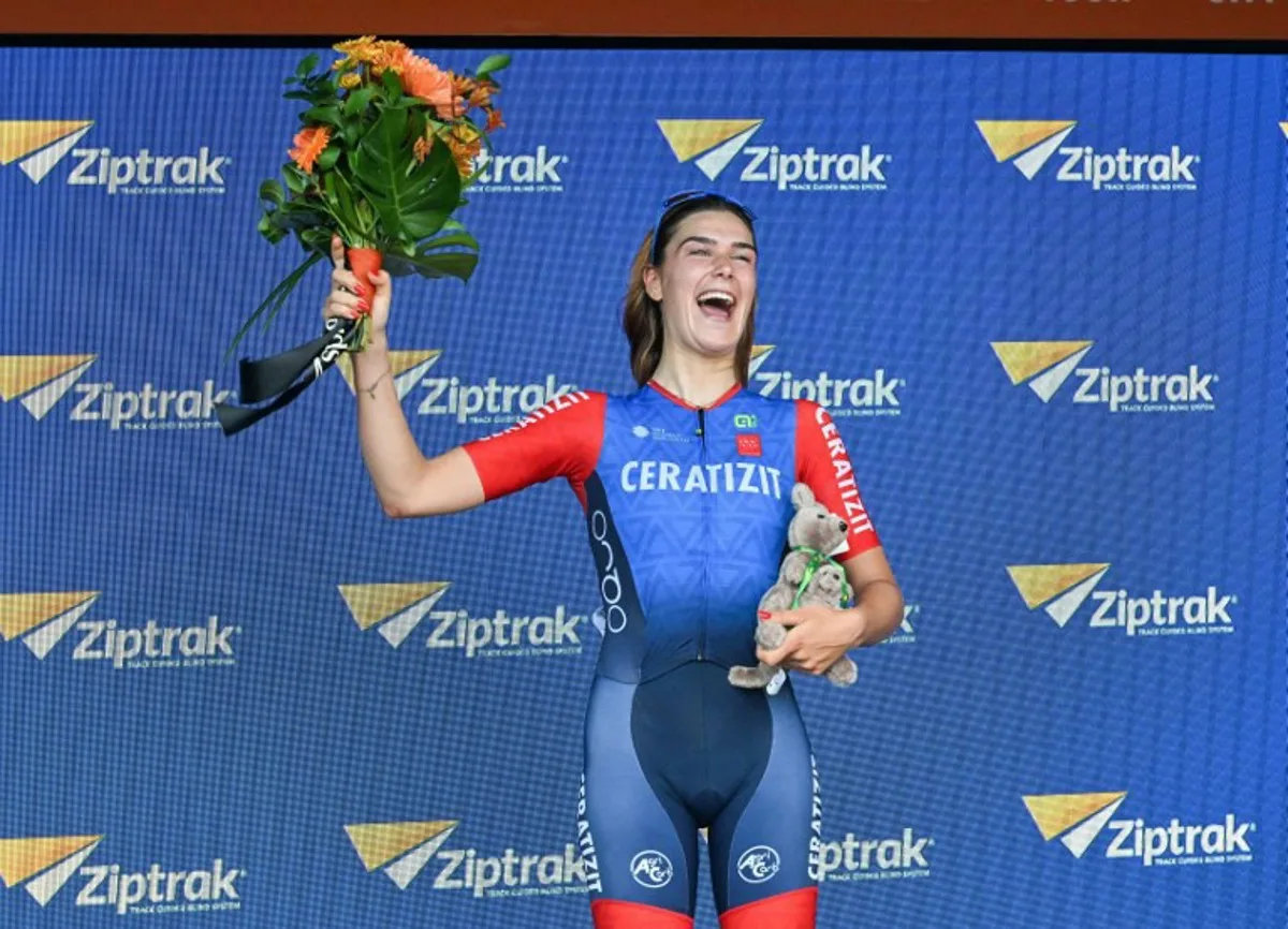 Ceratizit Pro Cycling team rider Daniek Hengeveld from the Netherlands celebrates winning the women's first stage of the Tour Down Under cycling race in Adelaide on January 17, 2025.  Brenton Edwards / AFP