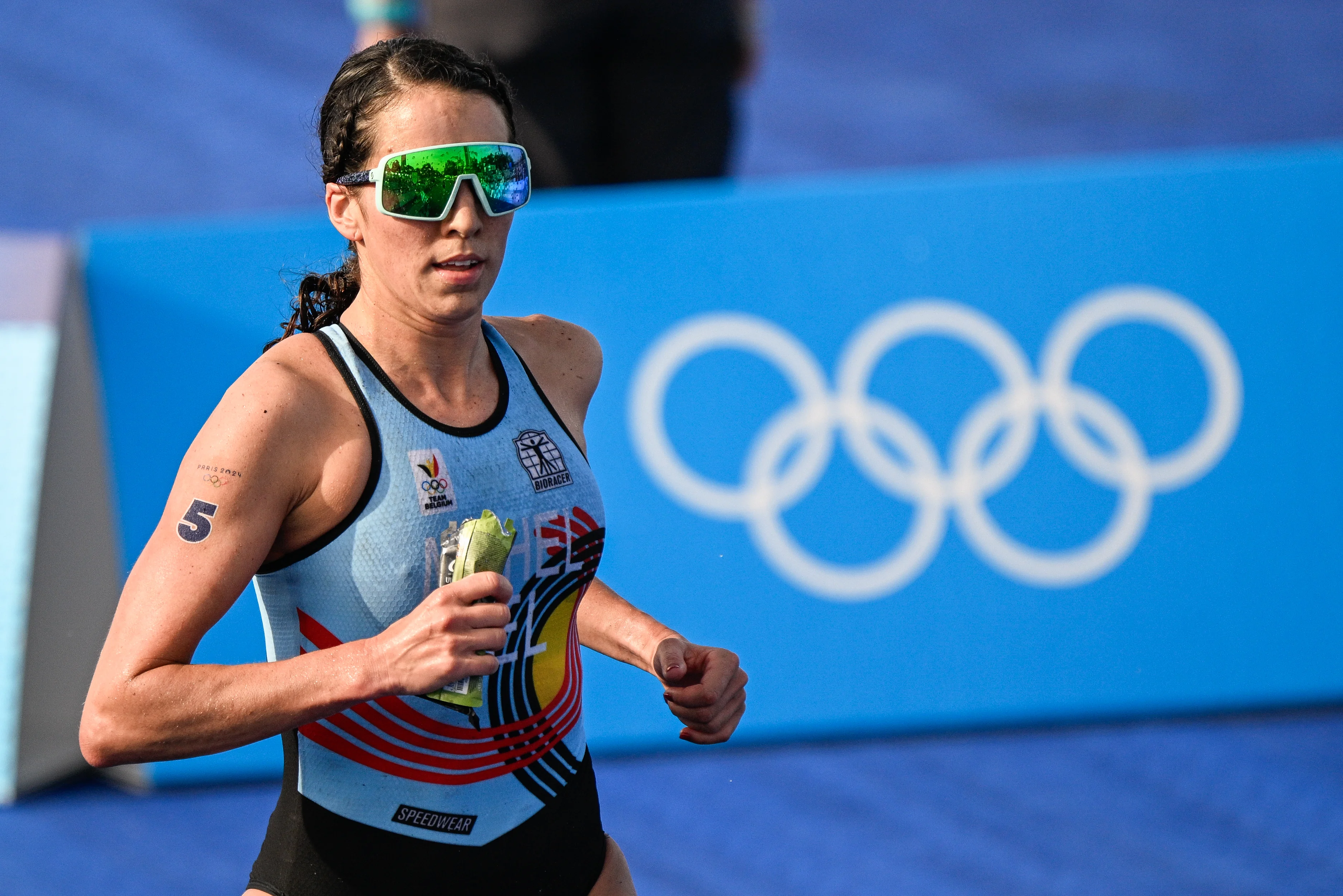 Belgian Claire Michel pictured in action during the running part of the women's individual triathlon race at the Paris 2024 Olympic Games, on Wednesday 31 July 2024 in Paris, France. The Games of the XXXIII Olympiad are taking place in Paris from 26 July to 11 August. The Belgian delegation counts 165 athletes competing in 21 sports. BELGA PHOTO JASPER JACOBS