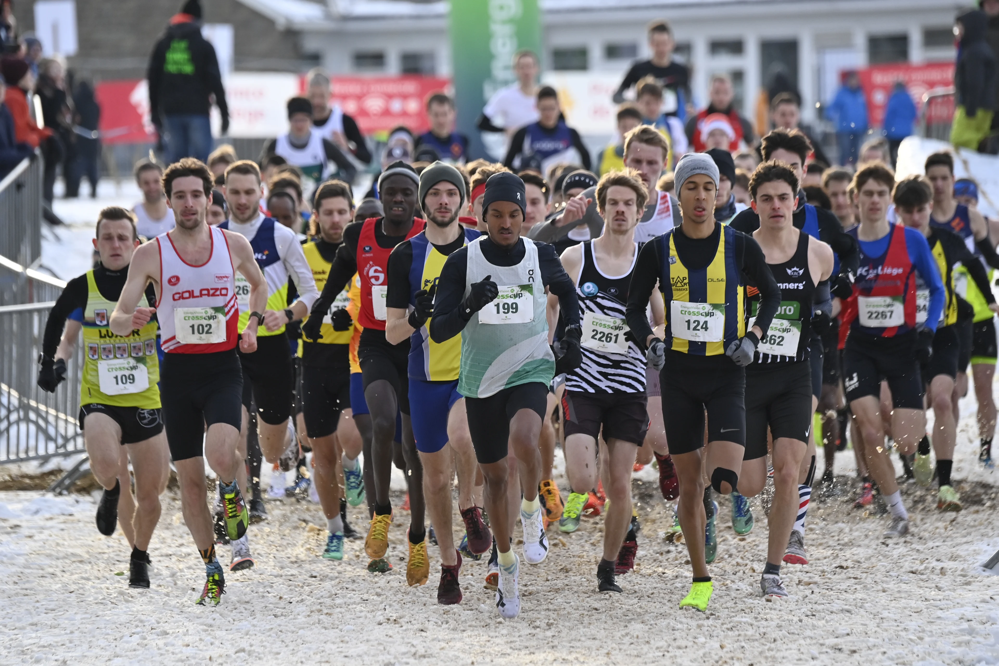 Merhawi Mebrahtu pictured leading at the start of the men's long race (9000m) at the CrossCup cross country running athletics event in Hannut on Sunday 21 January 2024, stage 4/5 of the CrossCup competition. BELGA PHOTO JOHN THYS