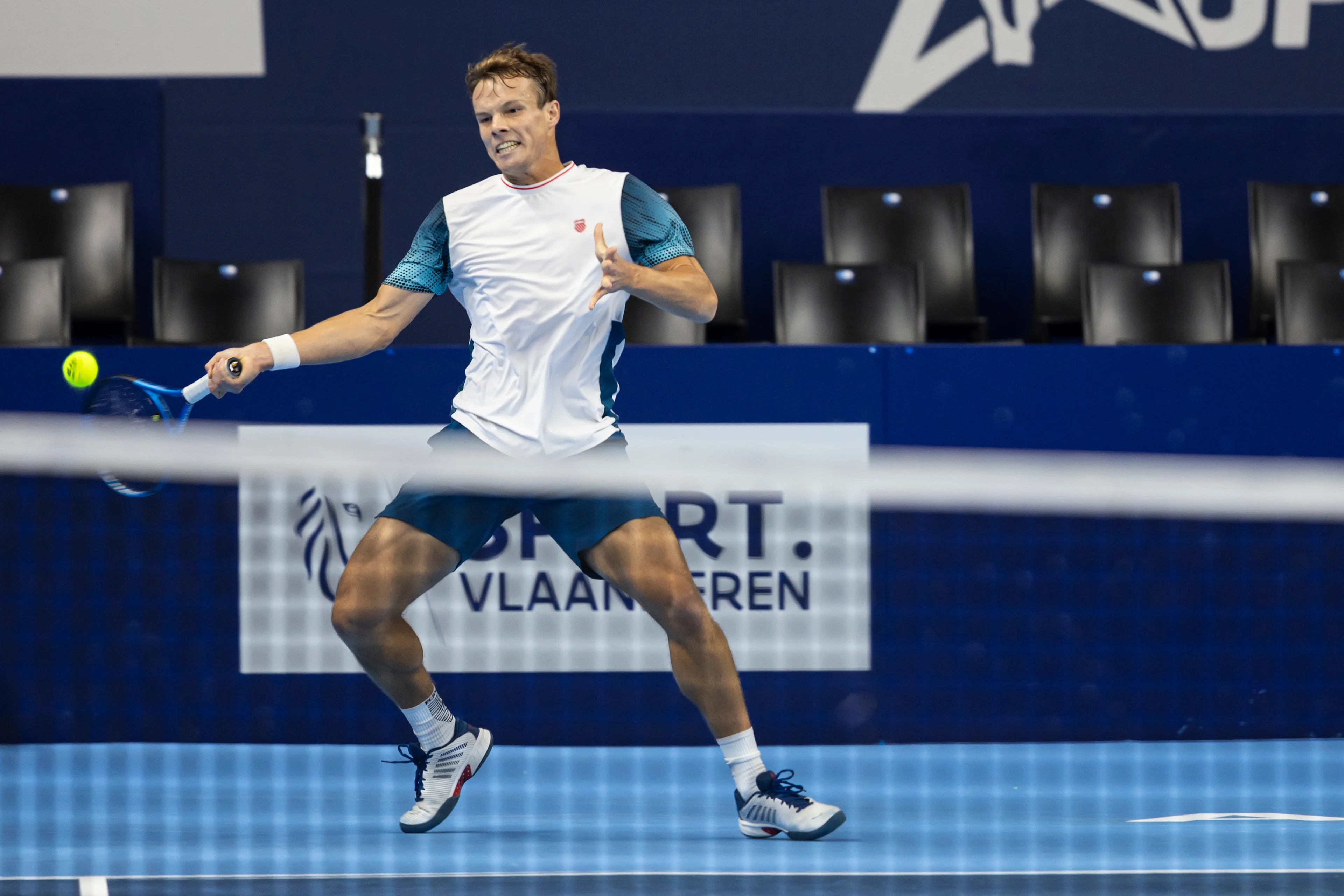 Belgian Michael Geerts pictured in action during the qualifying phase of the European Open Tennis ATP tournament, in Antwerp, Sunday 13 October 2024. BELGA PHOTO DAVID PINTENS