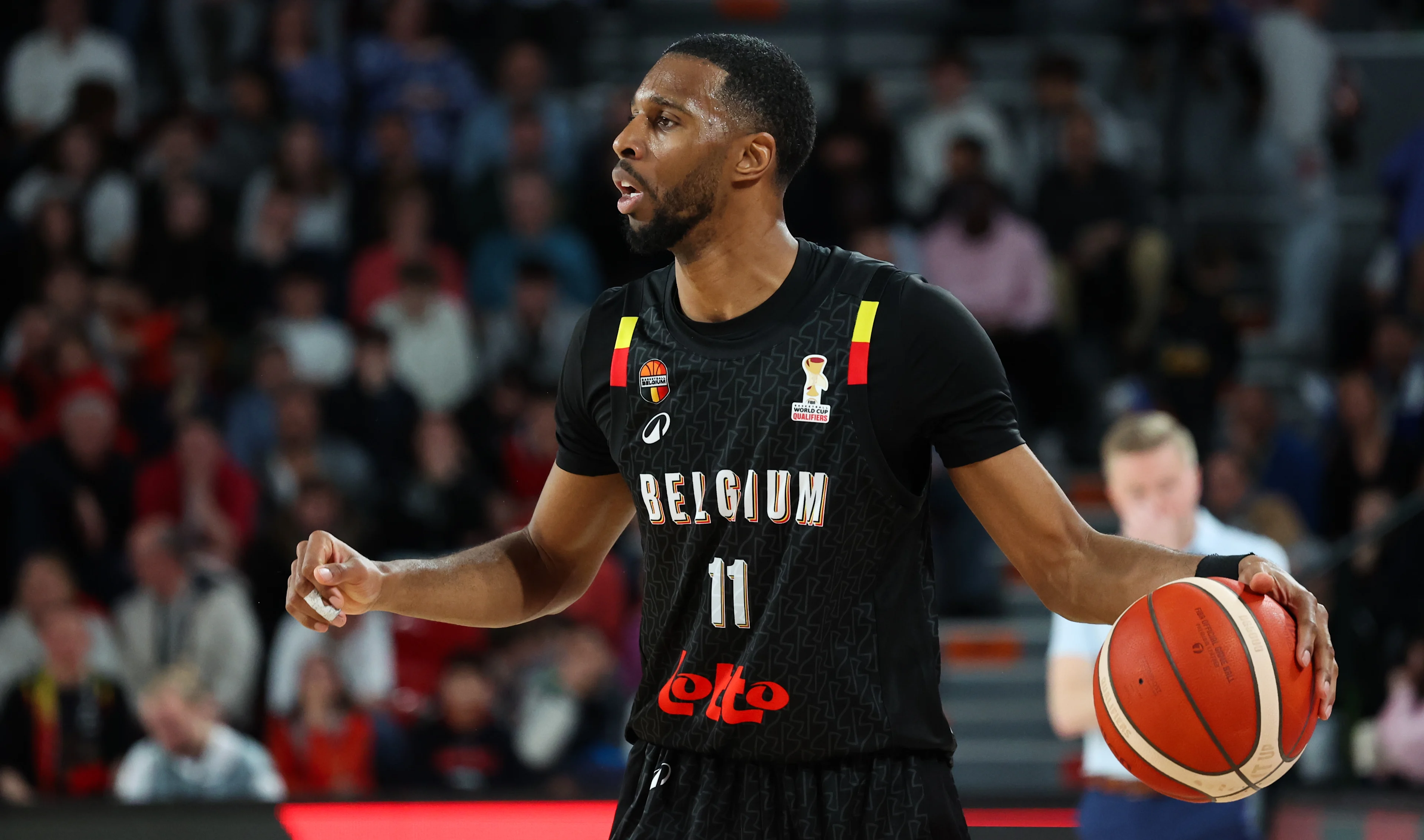 Belgium's Loic Schwartz pictured in action during a basketball match between Belgian national team Belgian Lions and Finland, Friday 27 February 2026 in Charleroi, qualifier 3/6 for the men's 2027 FIBA World Championships. BELGA PHOTO VIRGINIE LEFOUR