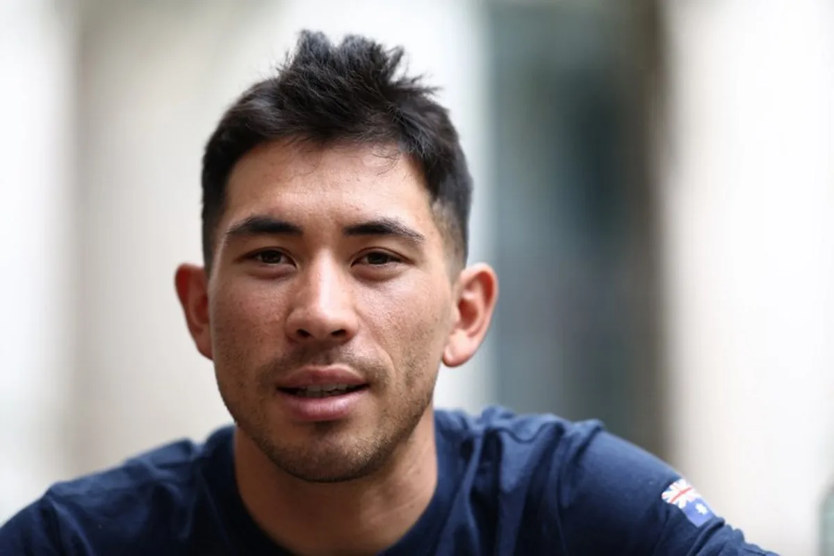 Jayco-AlUla's Australian rider Caleb Ewan speaks to media, on February 8, 2024 in Muscat, ahead of the Tour of Oman cycling race.  Anne-Christine POUJOULAT / AFP