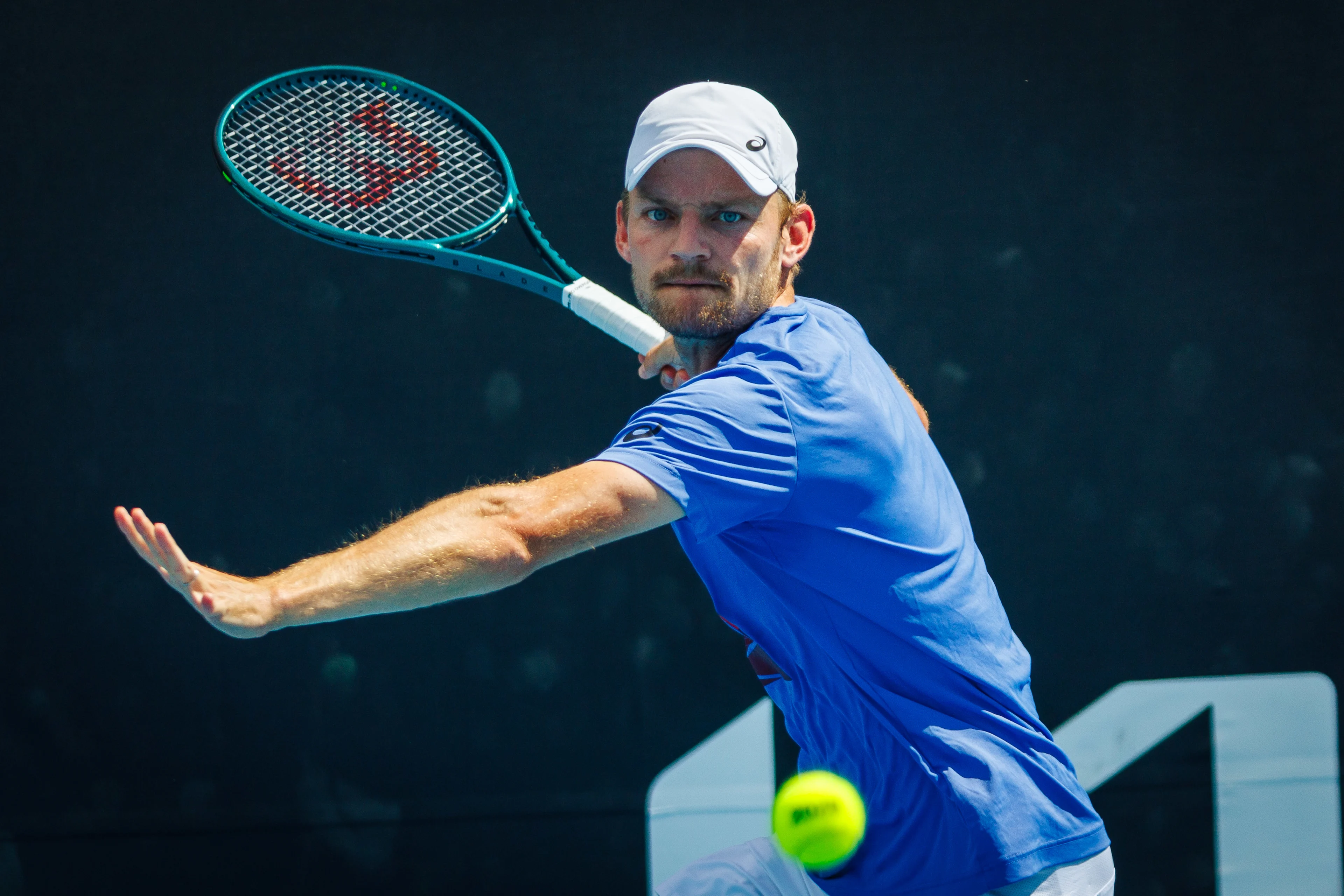 Belgian David Goffin (ATP 53) pictured in action during a training session before the 'Australian Open' Grand Slam tennis tournament, Friday 10 January 2025 in Melbourne Park, Melbourne, Australia. The 2024 edition of the Australian Grand Slam takes place from January 14th to January 28th. BELGA PHOTO PATRICK HAMILTON