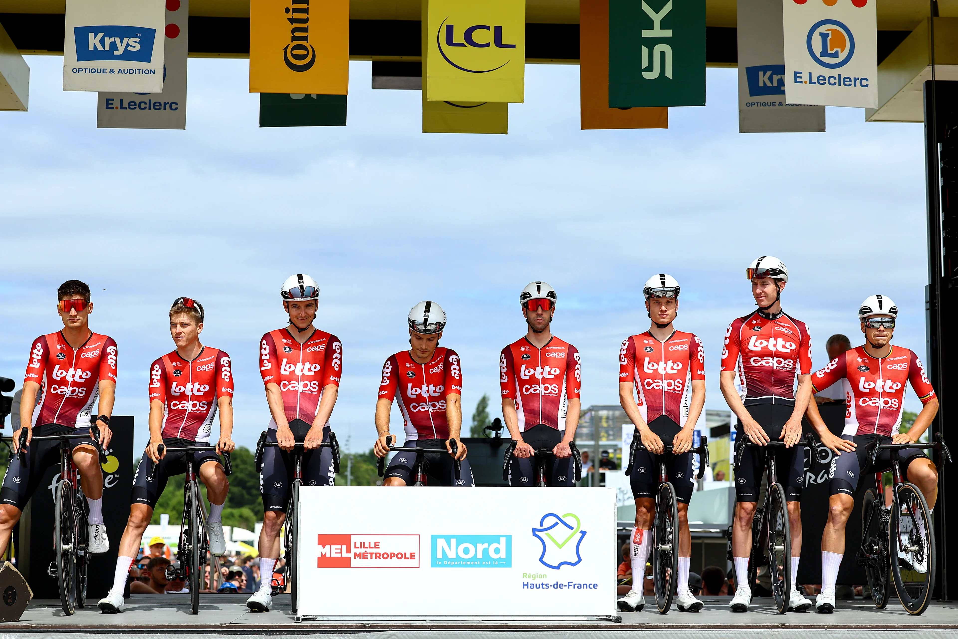 Lotto Cycling Team riders pictured ahead of the first stage, Lille Metropole to Lille Metropole (185 km), of the 2025 Tour de France cycling race, in Lille, France, on Saturday 05 July 2025. The 112th edition of the Tour de France starts on Saturday 5 July in Lille, France, and will finish in Paris, France on the 27th of July. BELGA PHOTO DAVID PINTENS