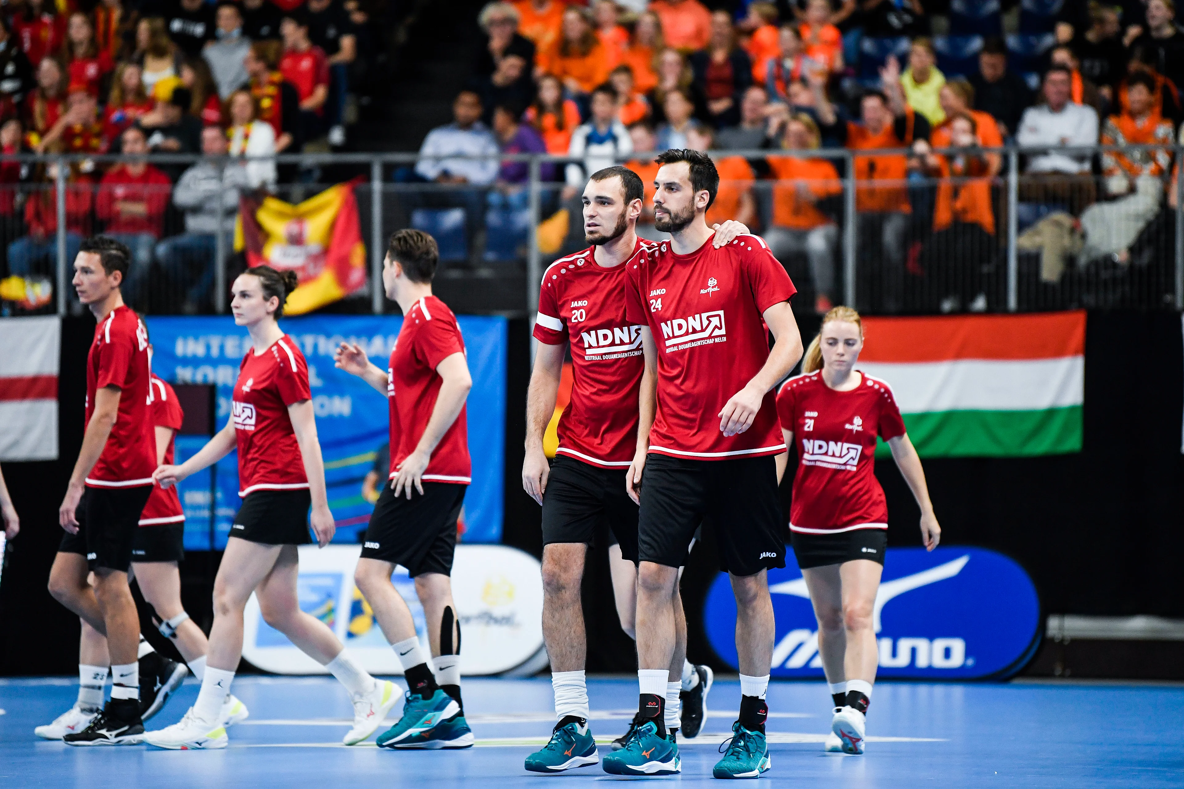 Belgian Jari Hardies and Belgian Lennert Impens show defeat during the final match between the Belgian Diamonds, the Belgium national Korfball team, and the Netherlands, Saturday 30 October 2021 in Antwerp, on the final day of the IKF European Korfball Championships in Antwerp. They take place from 25 to 30 October and the top 8 European korfball nations competed in the first big official international competition since the covid 19-pandemic. BELGA PHOTO TOM GOYVAERTS