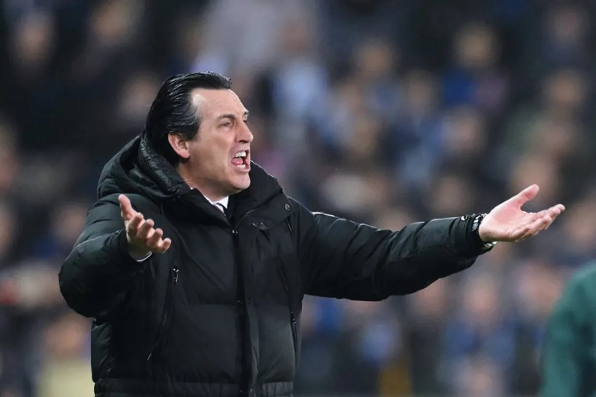 Aston Villa's Spanish coach Unai Emery  reacts  during the UEFA Champions League round of 16 first leg football match between Club Brugge KV and Aston Villa FC at the Jan Breydel Stadium in Bruges, on March 4, 2025.  NICOLAS TUCAT / AFP