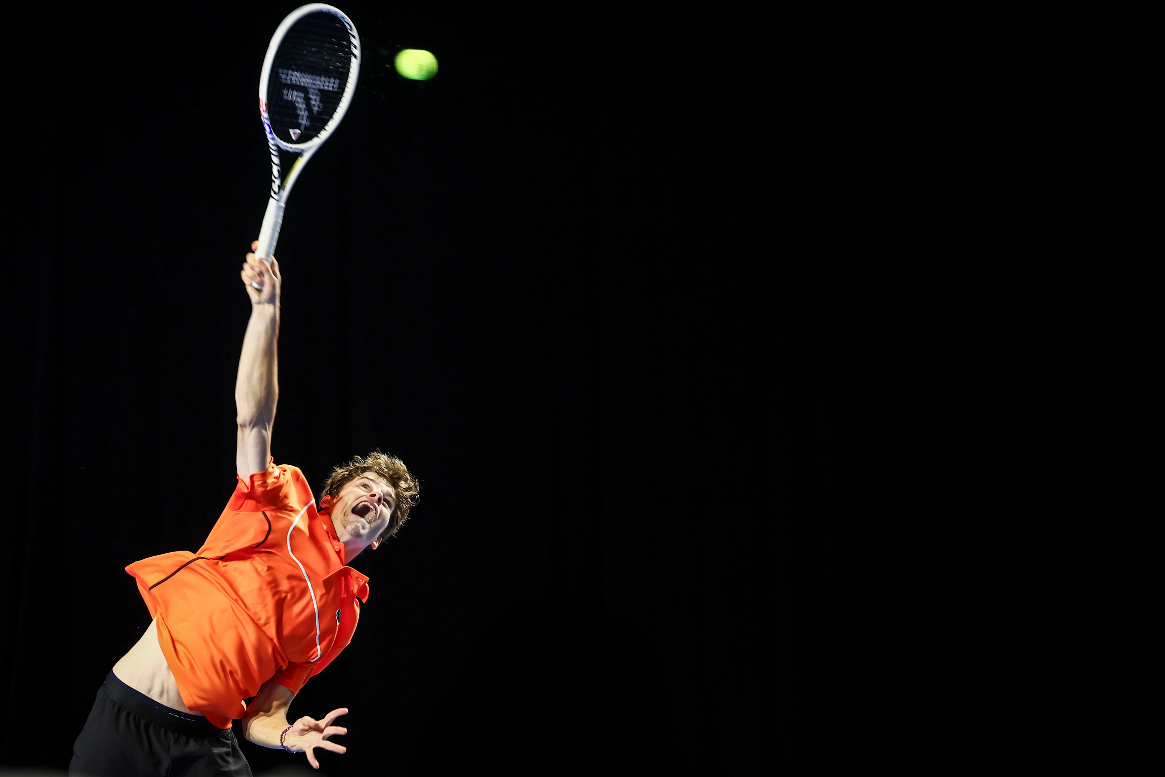 Belgian Alexander Blockx and Belgian Raphael Collignon pictured in action during a tennis match in the round of 16 of the doubles competition at the ATP European Open Tennis tournament in Antwerp, Wednesday 16 October 2024. BELGA PHOTO DAVID PINTENS