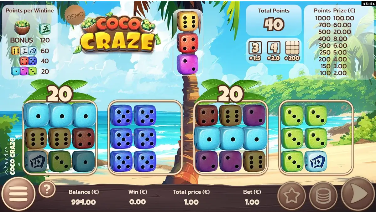 Screenshot van Coco Craze Dice van Air Dice, een tropisch dobbelspel online met kokosnoten en kleurrijke multipliers