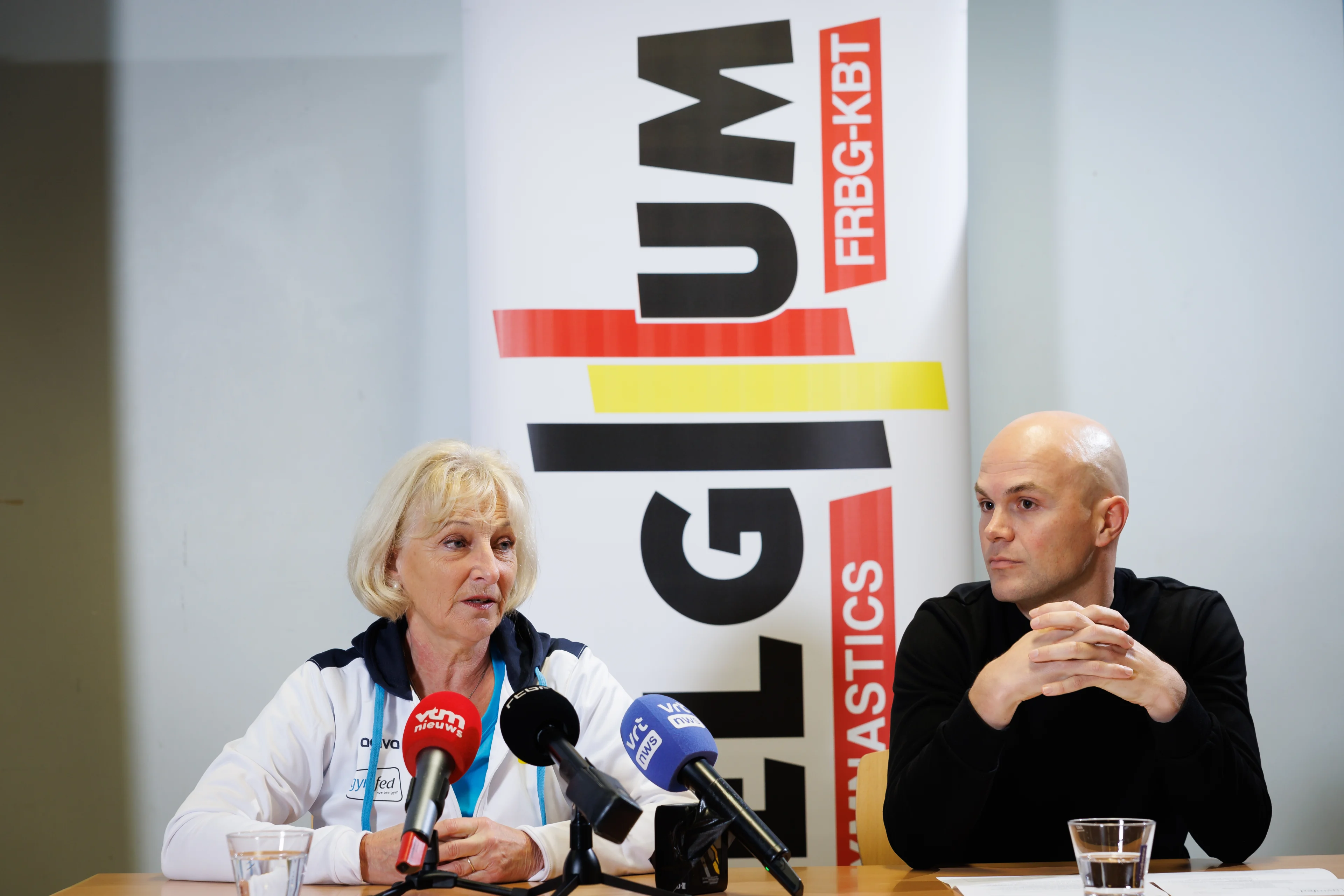 Gymnastics coach German Ulla Koch and Gymfed's Technical director Ruben Neyens pictured during a press conference of gymnastics federation Gymfed, in Gent, Friday 08 December 2023. Recently, the federation appointed Koch as new coach for the Belgian gymnastics team. BELGA PHOTO KURT DESPLENTER