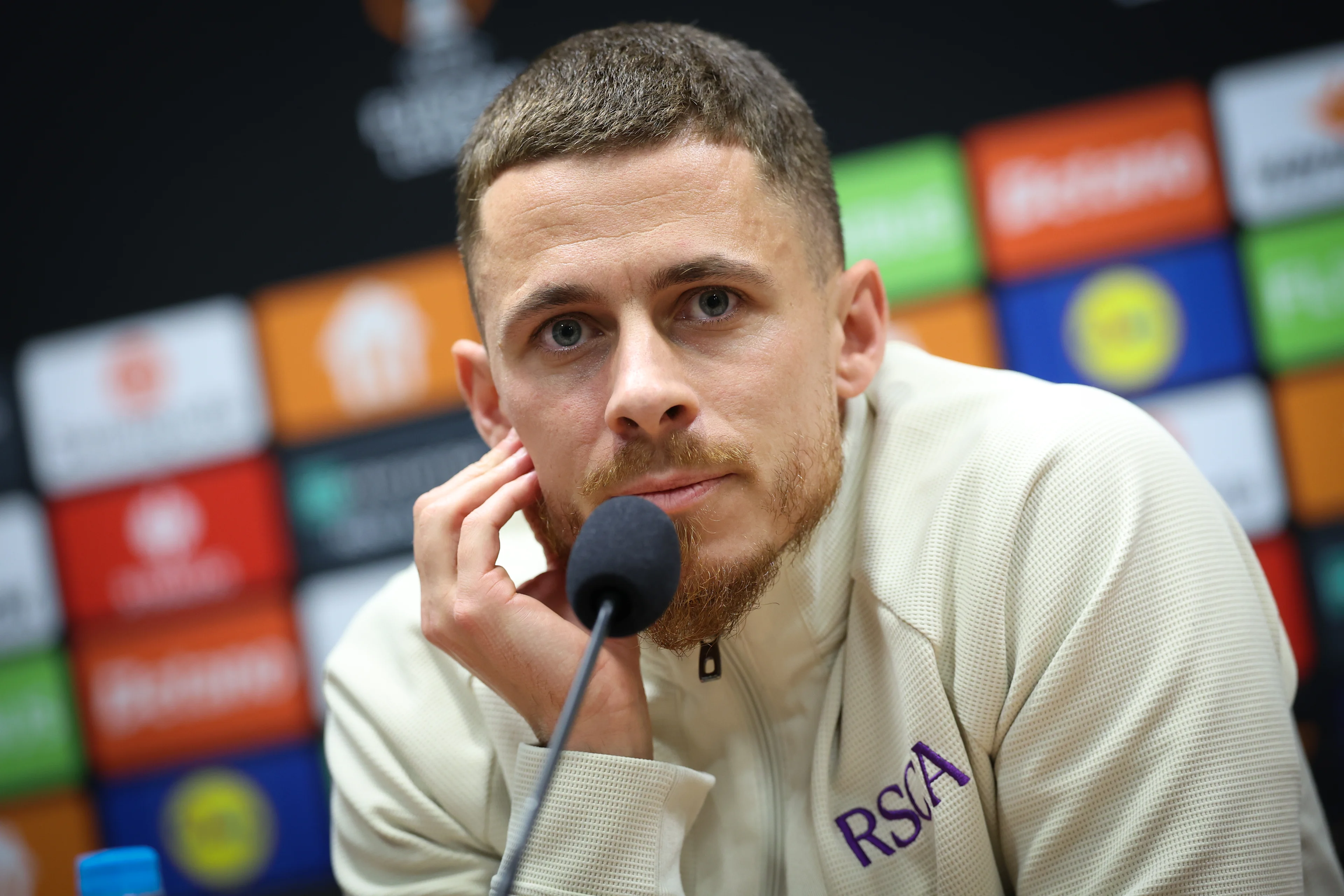 Anderlecht's Thorgan Hazard pictured during a press conference of Belgian soccer team RSC Anderlecht, Wednesday 22 January 2025 in Plzen, Czech Republic. Tomorrow, Anderlecht will play Czech Viktoria Plzen on day 7/8 of the group stage of the UEFA Europa League tournament. BELGA PHOTO VIRGINIE LEFOUR