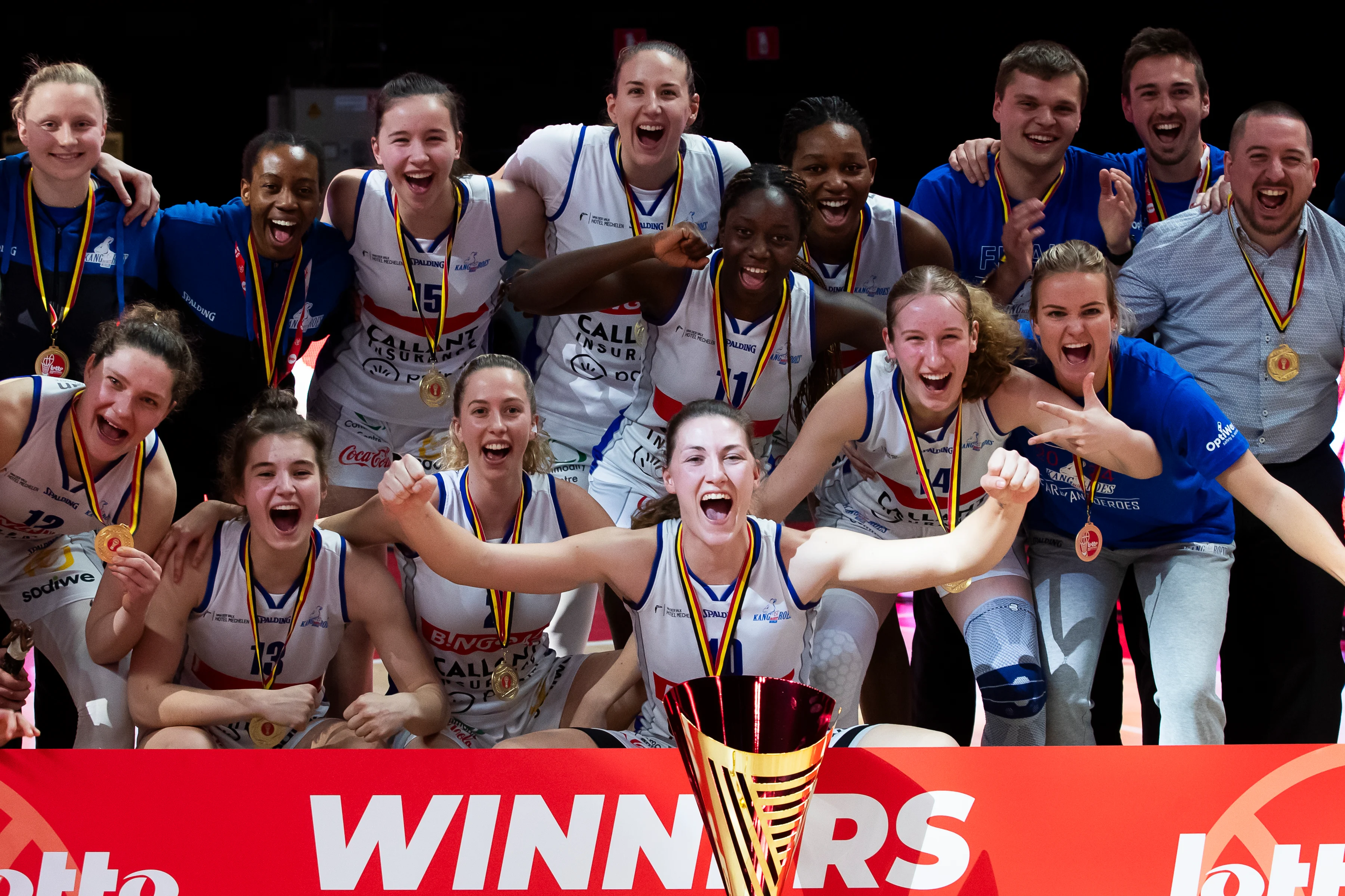 Kangoeroes Mechelen players celebrate after winning a basketball match between Kangoeroes Mechelen and Castors Braine, Saturday 09 March 2024 in Brussels, the final of the women's Belgian Basketball Cup. BELGA PHOTO KRISTOF VAN ACCOM