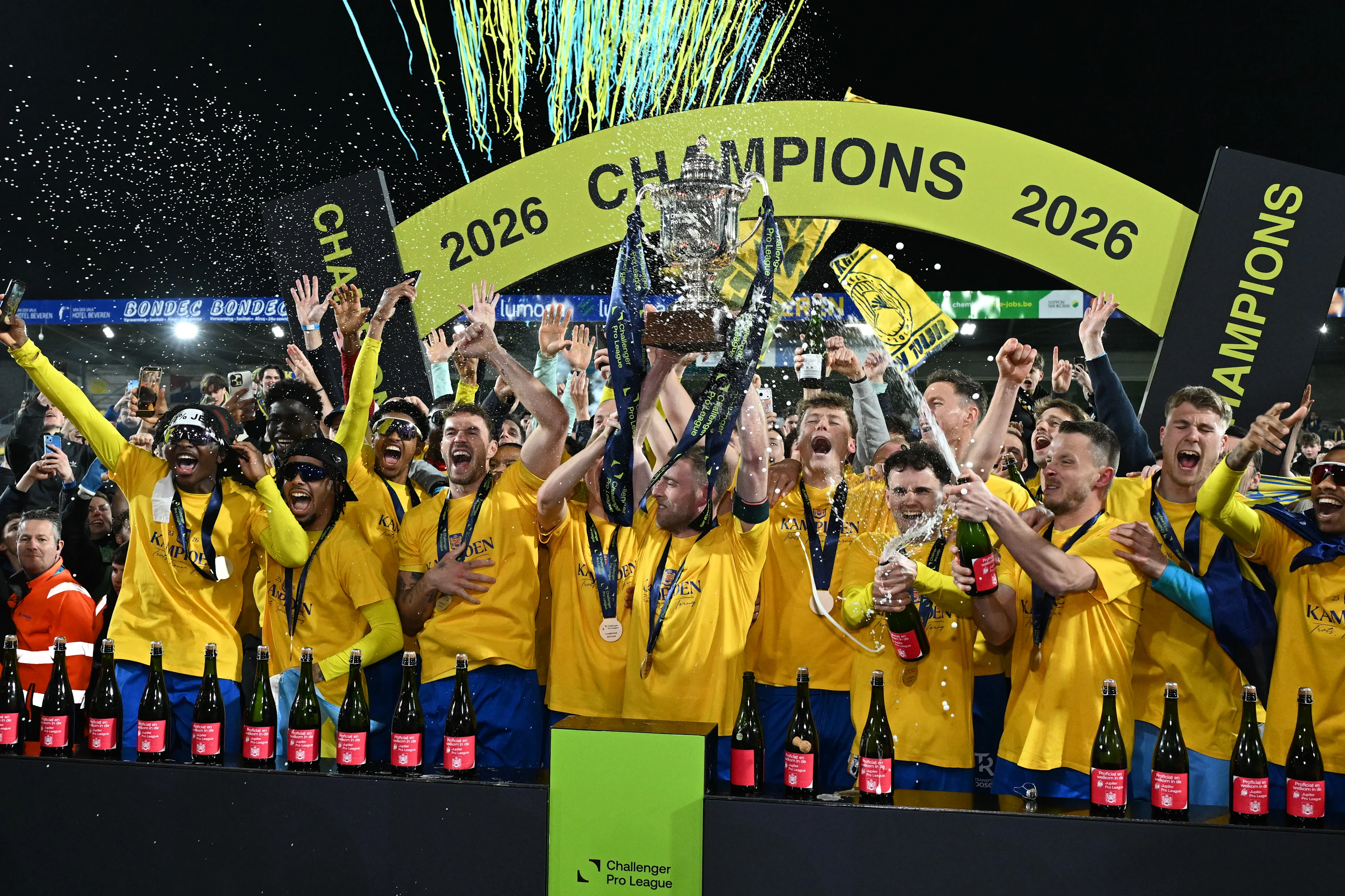 Beveren's players celebrate as Beveren is this season champion with a victory in the 29th day (out of 34) in a soccer game against RWDM Brussels, Wednesday 11 March 2026 in Beveren, on day 29 of the 2025-2026 'Challenger Pro League' 1B second division of the Belgian championship. BELGA PHOTO MAARTEN STRAETEMANS