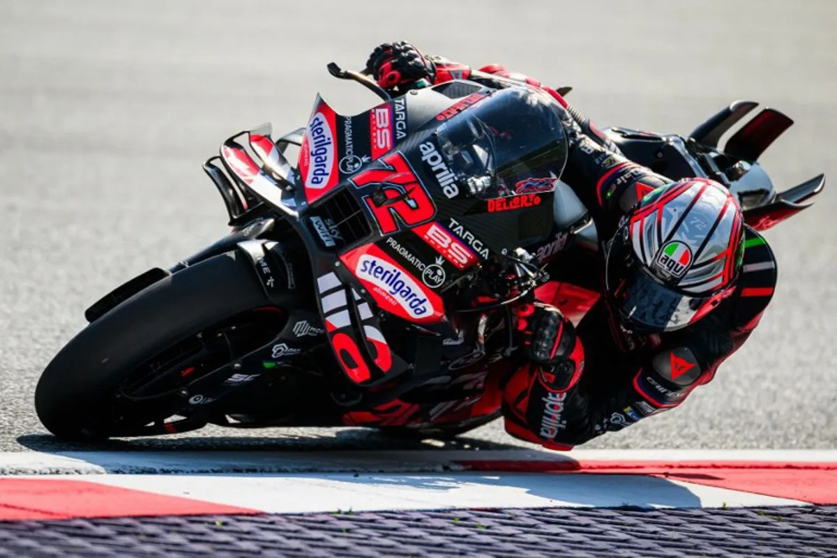 Aprilia Racing team's Italian MotoGP rider Marco Bezzecchi drives during the practice session of motorcycle Austrian Moto GP Grand Prix at the Red Bull ring circuit in Spielberg, Austria, on August 15, 2025. Jure Makovec / AFP