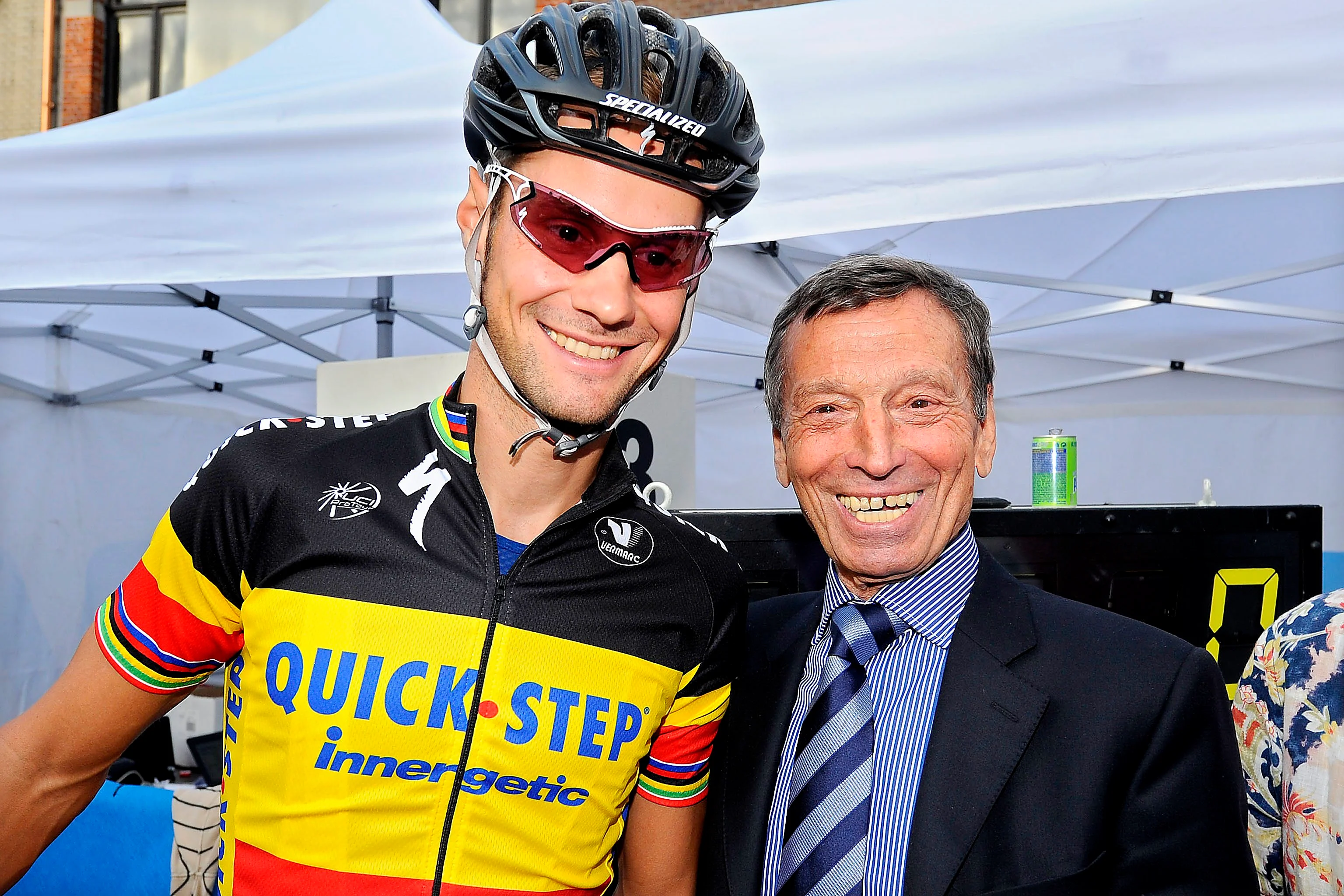 20090730 - HERENTALS, BELGIUM: Belgian cyclist Tom Boonen of the Quick Step team and former Belgian cyclist Rik Van Looy are pictured at the start of the 'Na Tour' (after Tour de France) cycling criterium of Hertentals, Thursday 30 July 2009. BELGA PHOTO LUC CLAESSEN