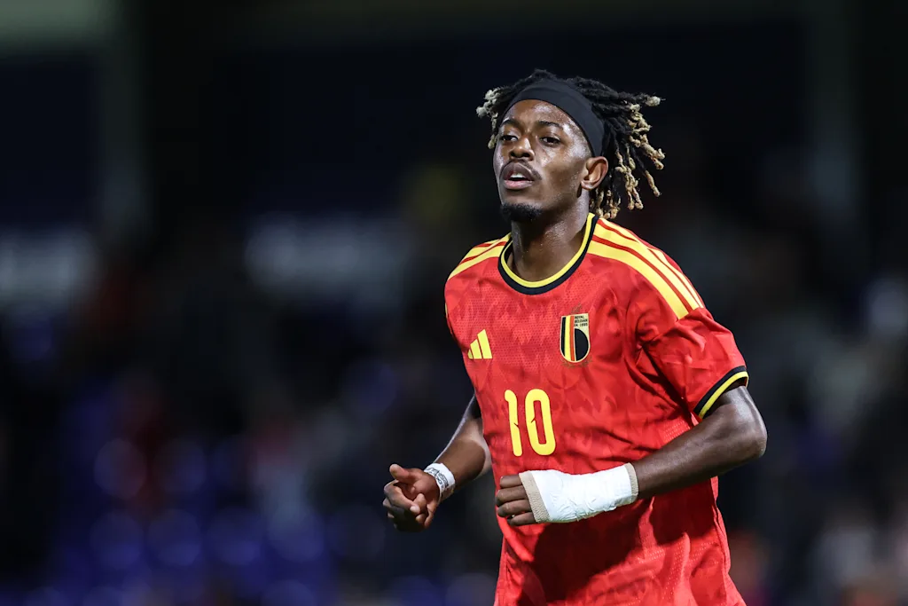 Belgium's Samuel MBangula pictured during a soccer game between Belgium U21 and Belarus U21, Thursday 24 September 2026 in Westerlo, qualifier 6/8 for the 2027 European Championships. BELGA PHOTO BRUNO FAHY