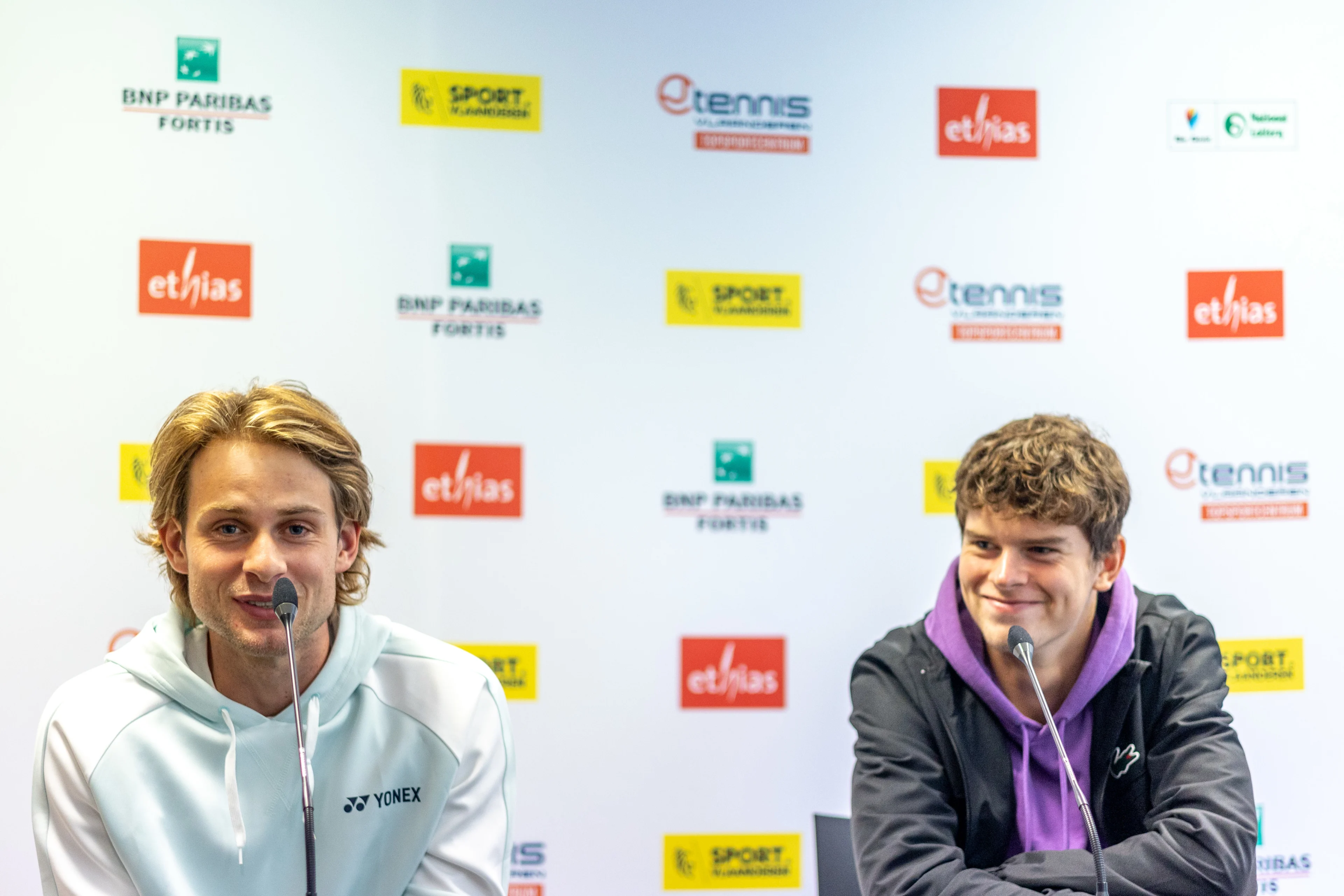 Belgian Zizou Bergs and Belgian Alexander Blockx answers questions during a press conference ahead of the European Open Tennis ATP tournament, in Antwerp, Friday 11 October 2024. BELGA PHOTO WARD VANDAEL