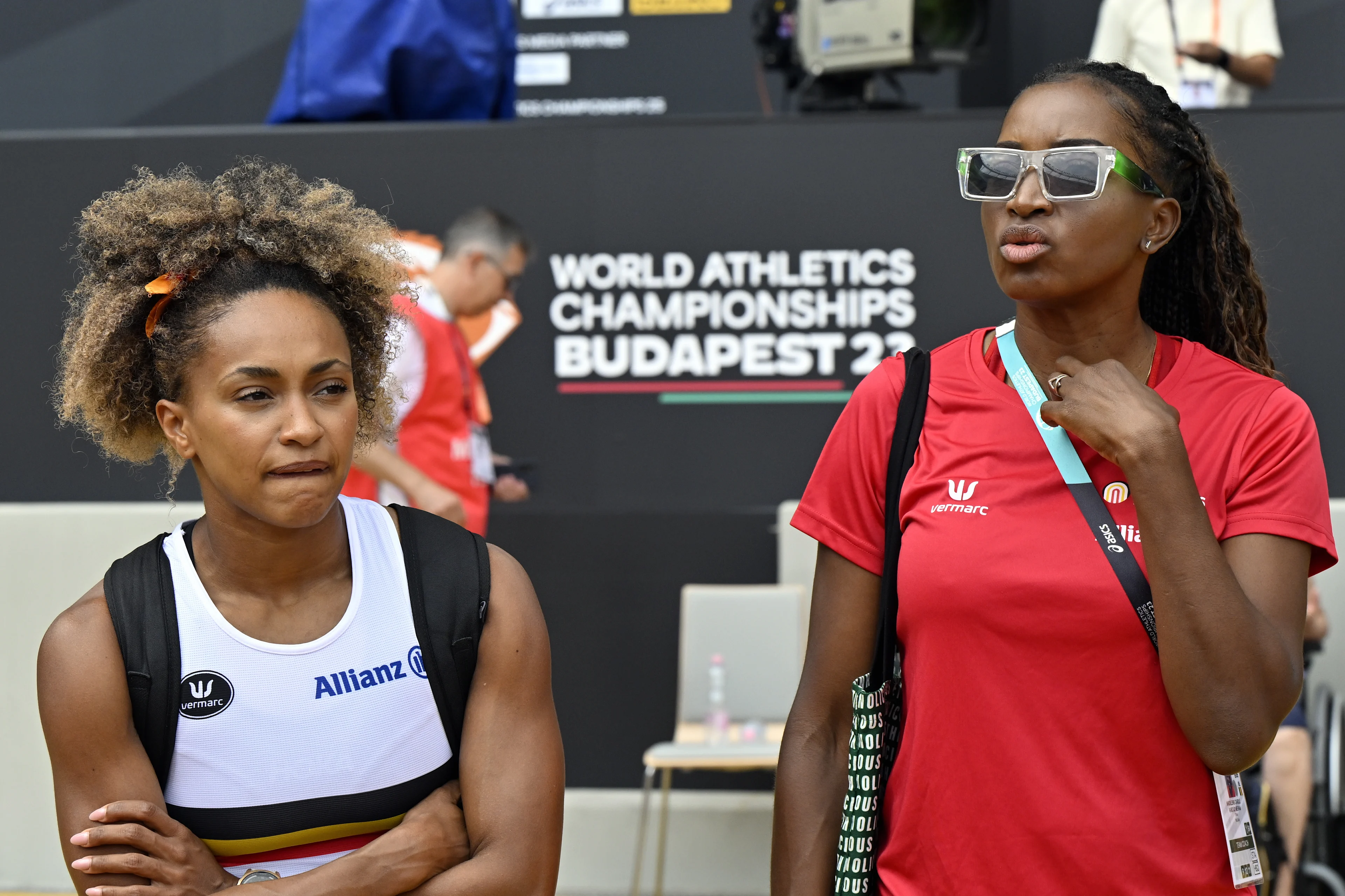 Belgian Naomi Van den Broeck and Belgian athletics coach Carole Kaboud Me Bam pictured during preparations ahead of the World Athletics Championships in Budapest, Hungary on Friday 18 August 2023. The Worlds are taking place from 19 to 27 August 2023. BELGA PHOTO ERIC LALMAND