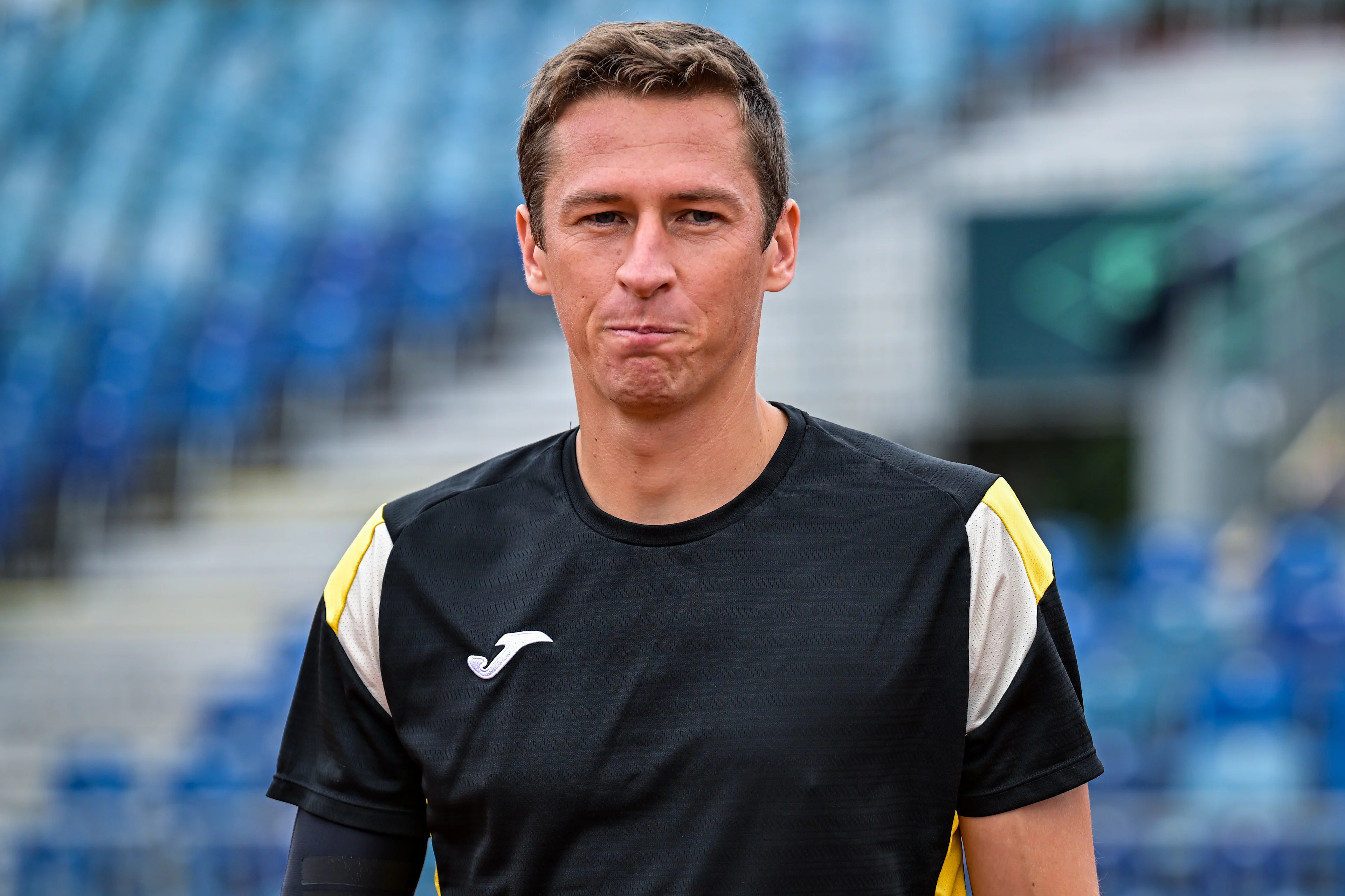 Belgian Kimmer Coppejans is pictured in action during a training practice at the 'WAC Wiener Athletic Club' stadium, in preparation of the Davis Cup quelifiers between Belgium and Austria, in Vienna, on Thursday 17 September 2026. BELGA PHOTO DAVID PINTENS