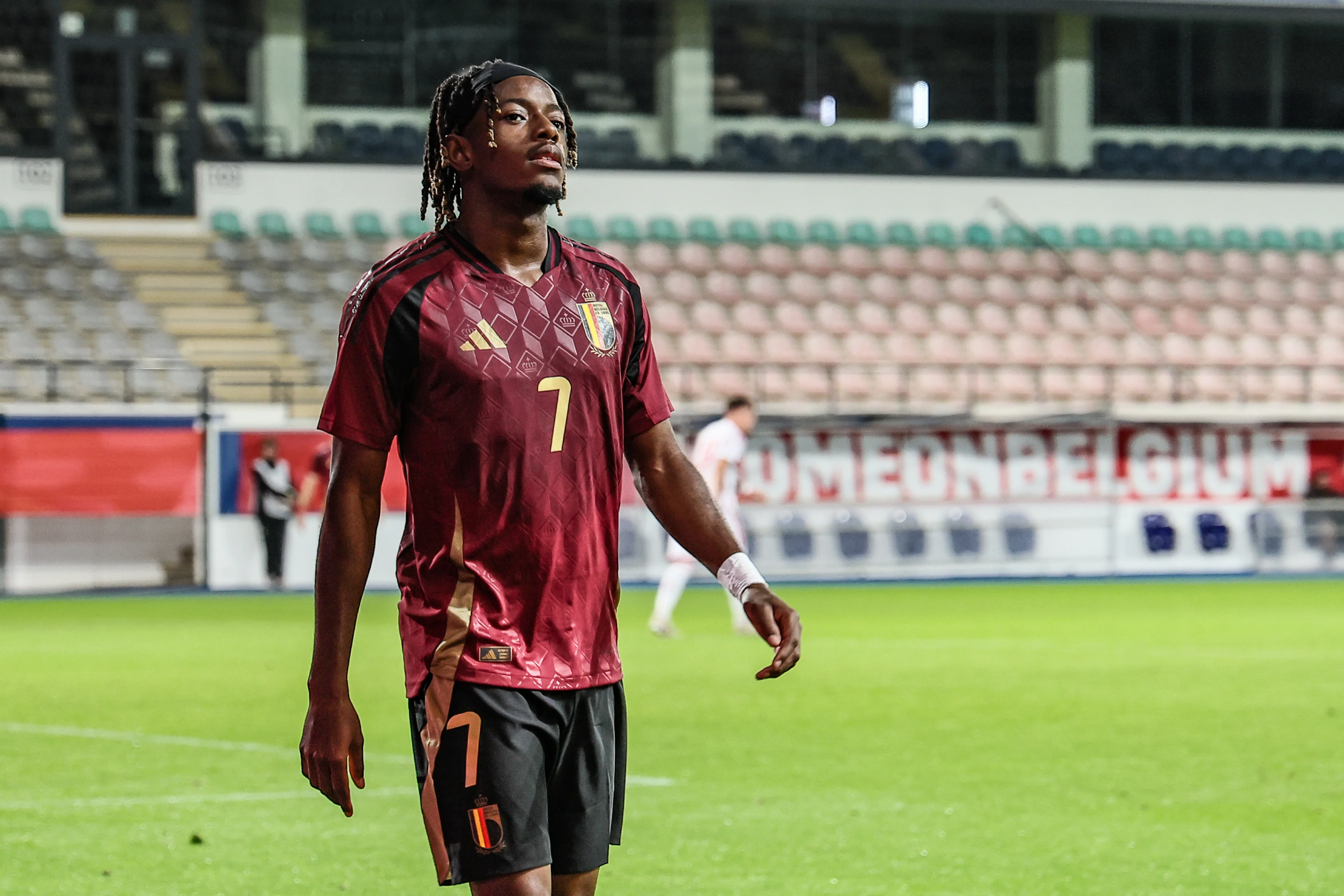 Belgium's Samuel Mbangula looks dejected during a soccer game between the U21 youth team of the Belgian national team Red Devils and the U21 of Hungary, Tuesday 15 October 2024 in Heverlee, Leuven, the last qualification match (10/10) for the 2025 UEFA European Under21 Championship. BELGA PHOTO BRUNO FAHY