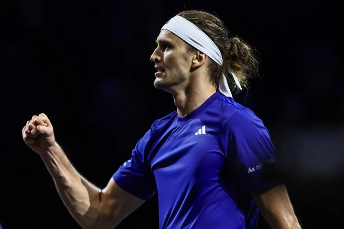 Germany's Alexander Zverev of Team Europe celebrates against USA's Learner Tien of Team World during their 2026 Laver Cup men's singles tennis match, at the O2 Arena in London on September 27, 2026. Henry Nicholls / AFP