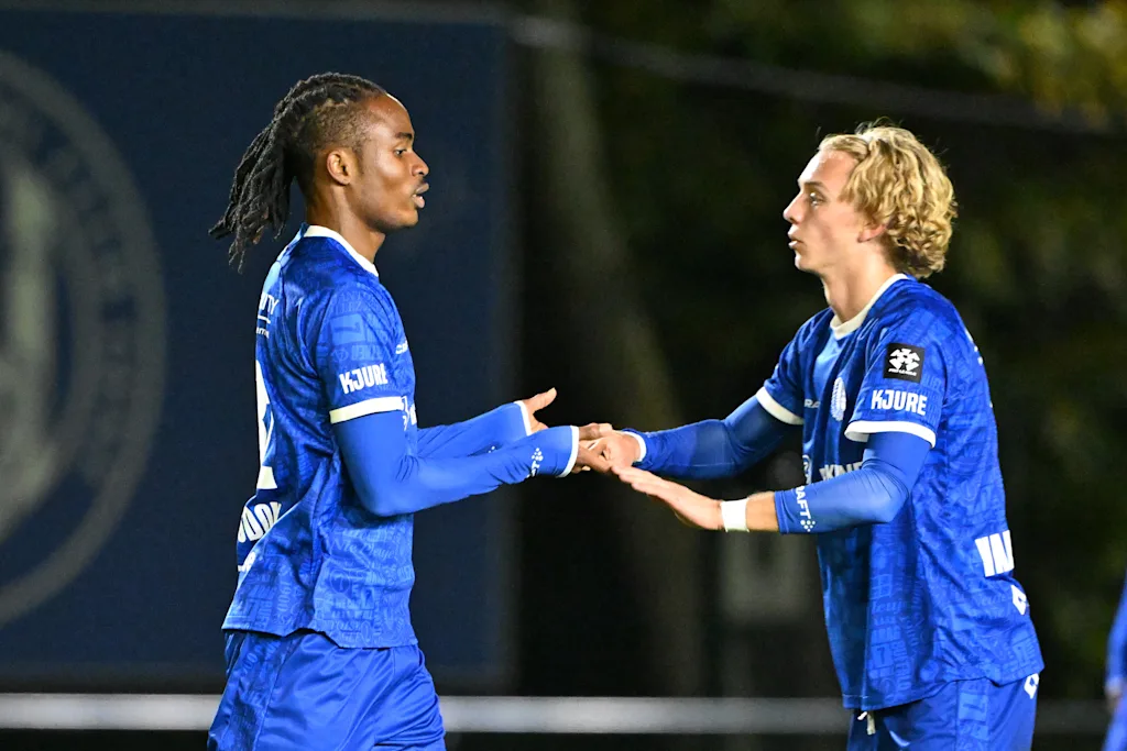 Jong Gent's Daniel Wisdom celebrate after scoring the 2-2 goal during a soccer match between Jong KAA Gent and FCV Rfc Seraing, Sunday 11 October 2026 in Gent, on day 7 of the 2026-2027 'Challenger Pro League' second highest division of the Belgian championship. BELGA PHOTO MAARTEN STRAETEMANS