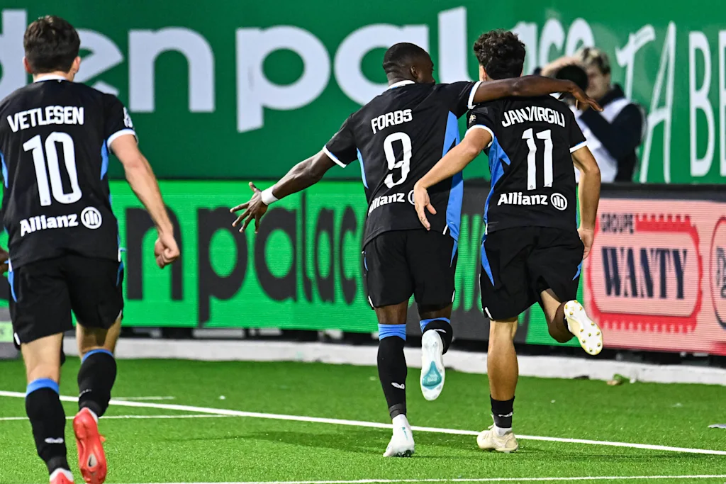 Club's Carlos Forbs and Club's Jan Virgili celebrate after scoring during a soccer match between RAAL La Louviere and Club Brugge, Saturday 10 October 2026 in La Louviere, on day 8 of the 2026-2027 'Jupiler Pro League' first division of the Belgian championship. BELGA PHOTO EMILE WINDAL