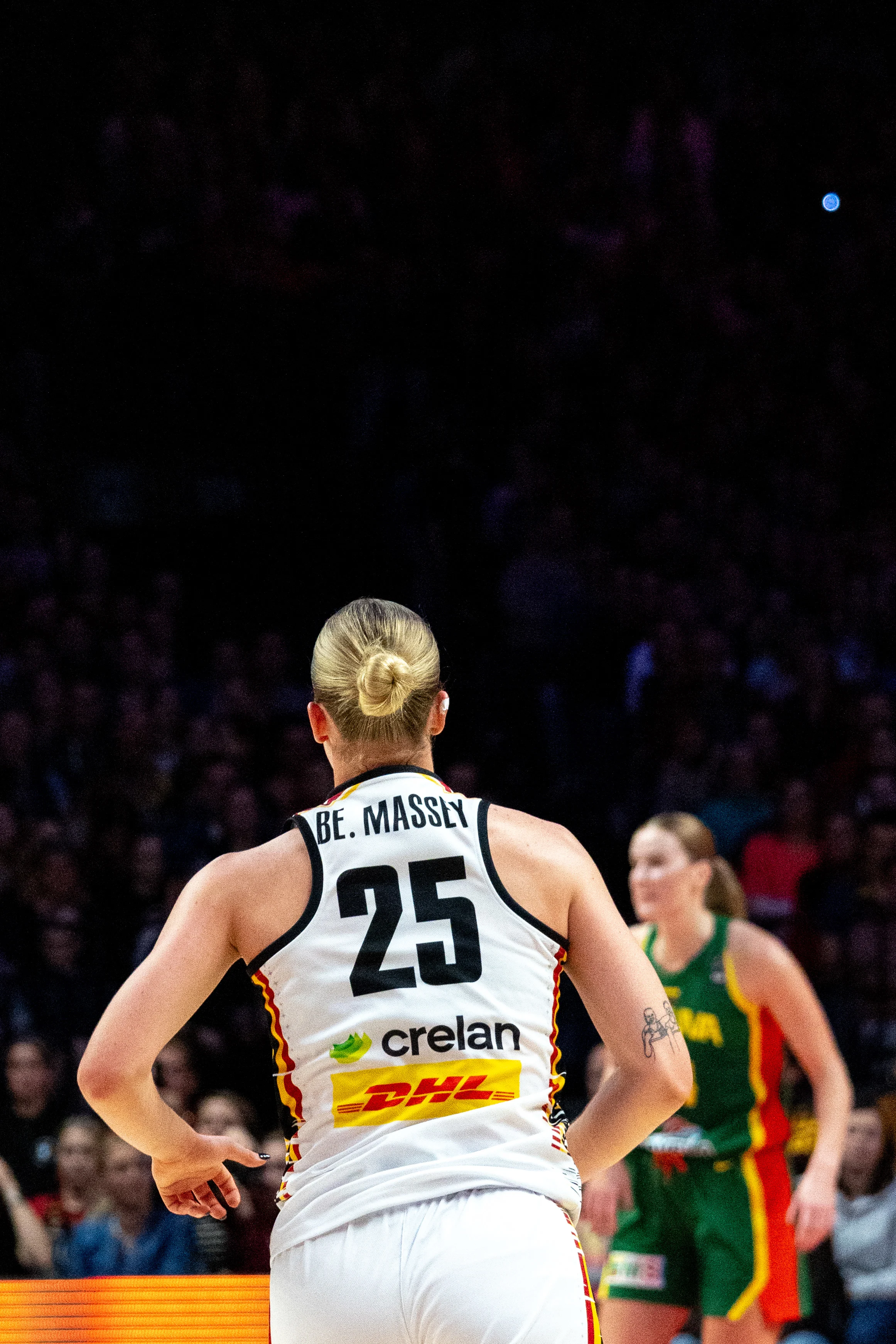 Belgium's Becky Massey and pictured in action during a basketball game between Belgian national team the Belgian Cats and Lithunia, a qualification game (3/6) for the 2025 Eurobasket tournament, on Thursday 07 November 2024 in Antwerp, Belgium. BELGA PHOTO WARD VANDAEL