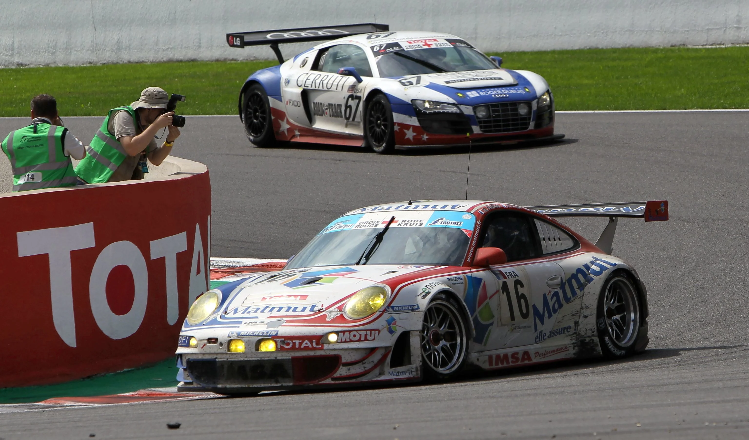 20100801 - FRANCORCHAMPS, BELGIUM: The Porsche 911 GT3 of French team IMSA Performance Matmut with drivers French Raymond Narac, American PAtrick Long, French Patrick Pilet and Austrian Richard Lietz in action during the Total 24 hours of Spa, at the Francorchamps race track, Sunday 01 August 2010.  BELGA PHOTO MICHEL KRAKOWSKI