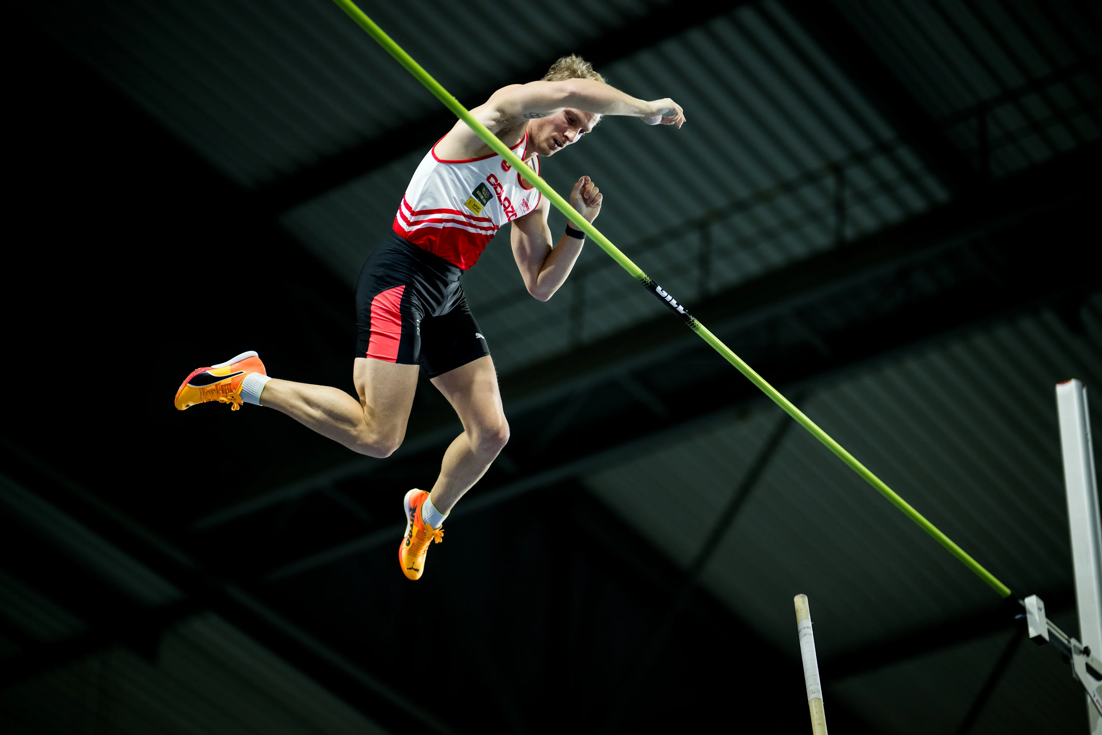 Belgian Ben Broeders pictured in action during the men's pole vault competition, at the Belgian indoor athletics championships, on Sunday 23 February 2025 in Gent. BELGA PHOTO JASPER JACOBS