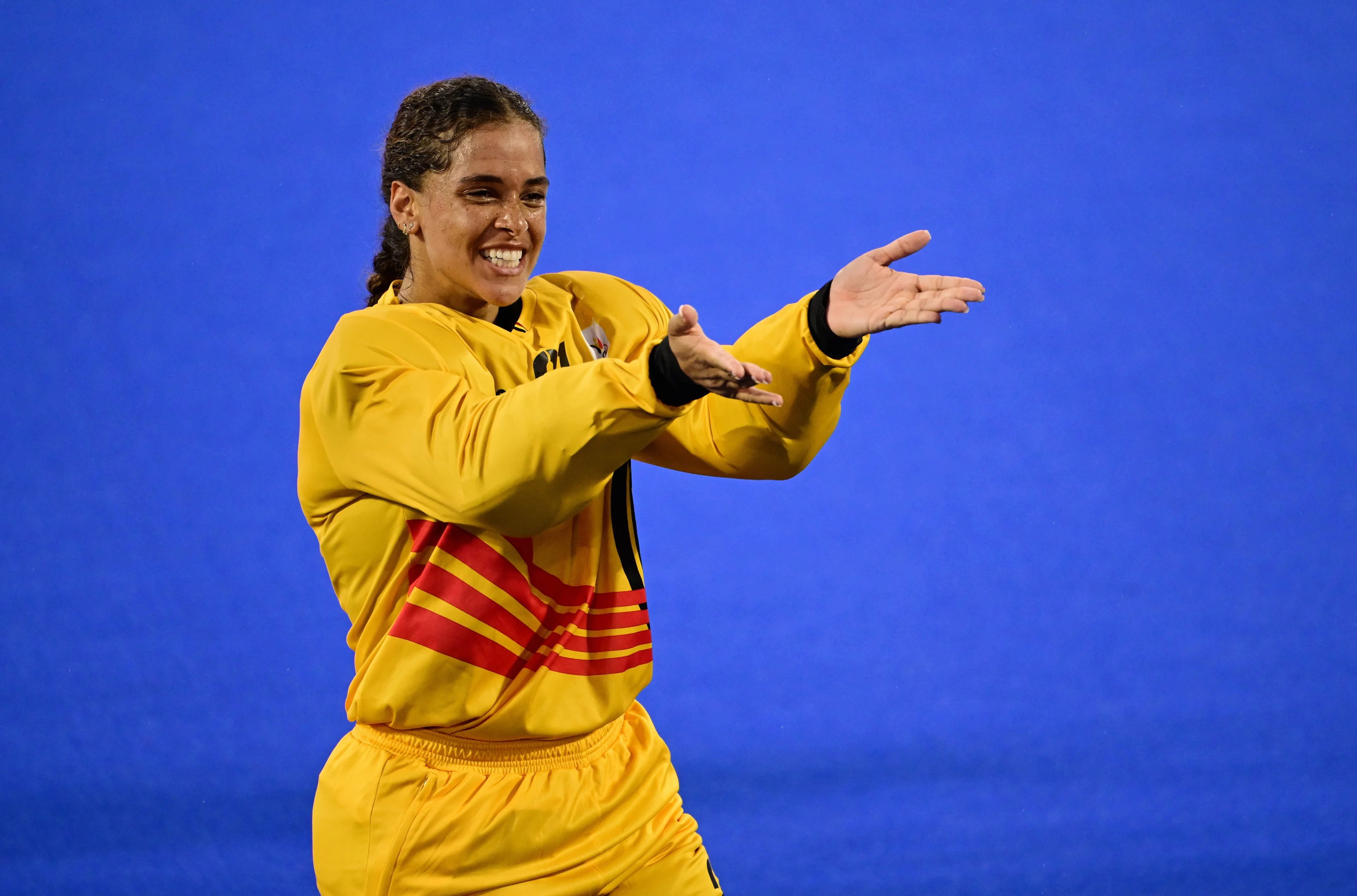 Belgium's goalkeeper Aisling D'hooghe celebrates after a hockey game between Germany and Belgium's national team the Red Panthers, game 5 in the women's pool A at the Paris 2024 Olympic Games, on Saturday 03 August 2024 in Paris, France. The Games of the XXXIII Olympiad are taking place in Paris from 26 July to 11 August. The Belgian delegation counts 165 athletes competing in 21 sports. BELGA PHOTO LAURIE DIEFFEMBACQ