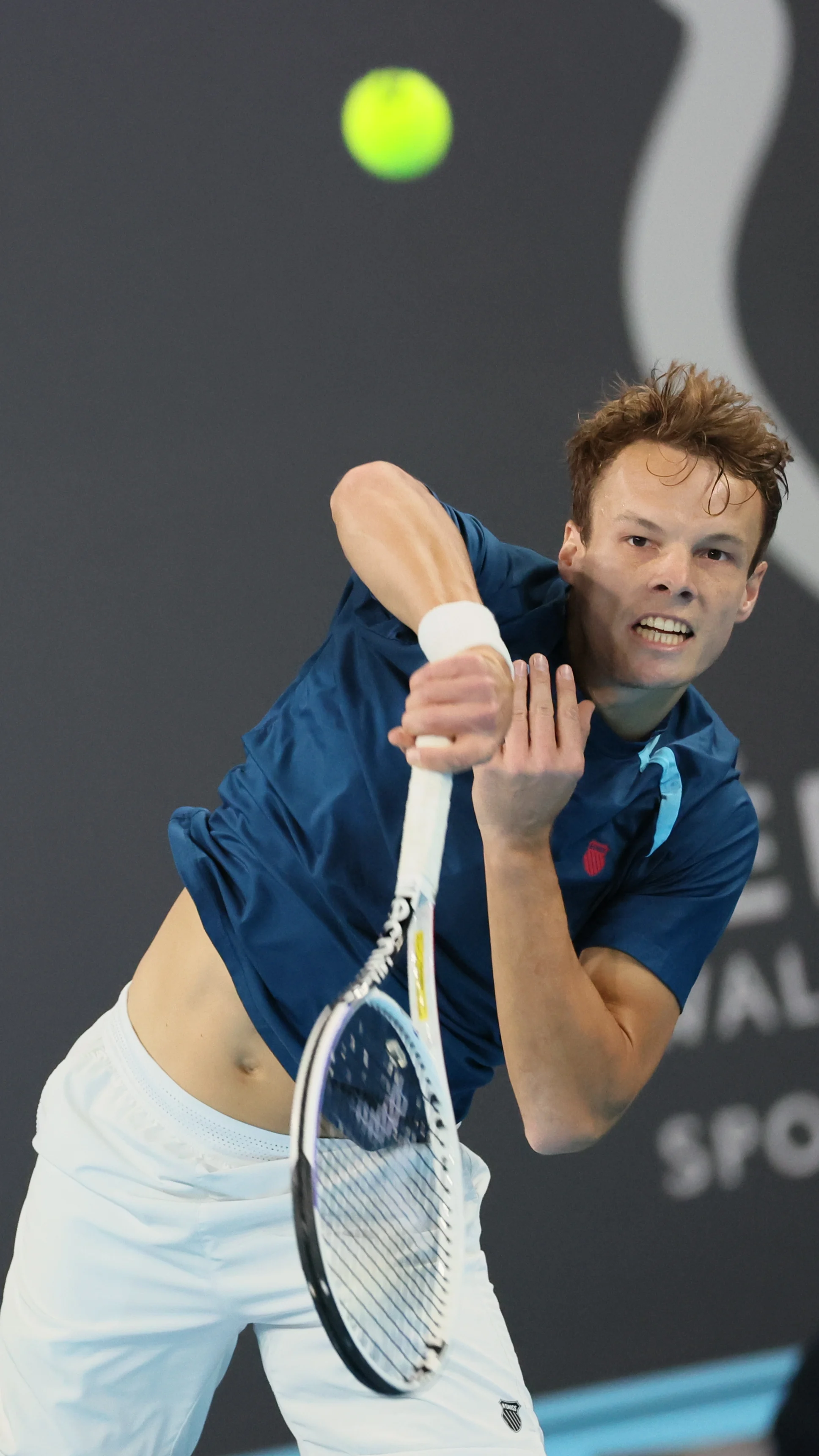 Belgian Michael Geerts pictured in action during a tennis match against Canadian Diez, a qualification for the men's singles at the BW Open ATP Challenger 125 tournament, in Louvain-la-Neuve,  Monday 22 January 2024. THE BW Open takes place from 22 to 28 January.  BELGA PHOTO BENOIT DOPPAGNE