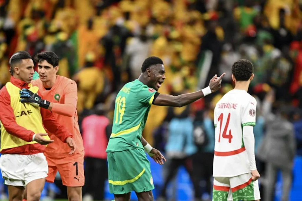 Senegal's defender #19 Moussa Niakhate reacts during the Africa Cup of Nations (CAN) final football match between Senegal and Morocco at the Prince Moulay Abdellah Stadium in Rabat on January 18, 2026. SEBASTIEN BOZON / AFP