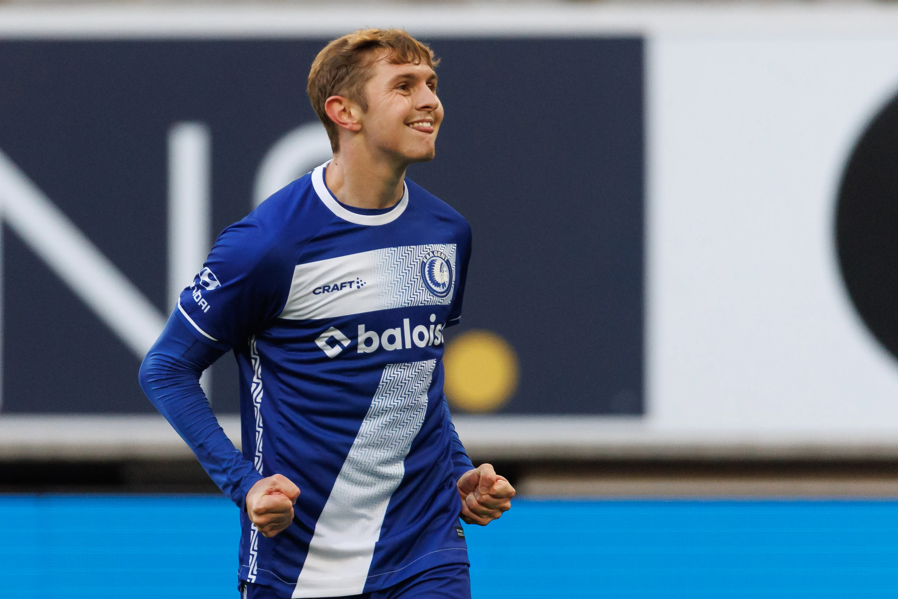 Gent's Max Dean celebrates after scoring during a soccer match between KAA Gent and Oud-Heverlee Leuven, in Gent, on day 9 of the 2024-2025 season of the 'Jupiler Pro League' first division of the Belgian championship, Sunday 29 September 2024. BELGA PHOTO KURT DESPLENTER