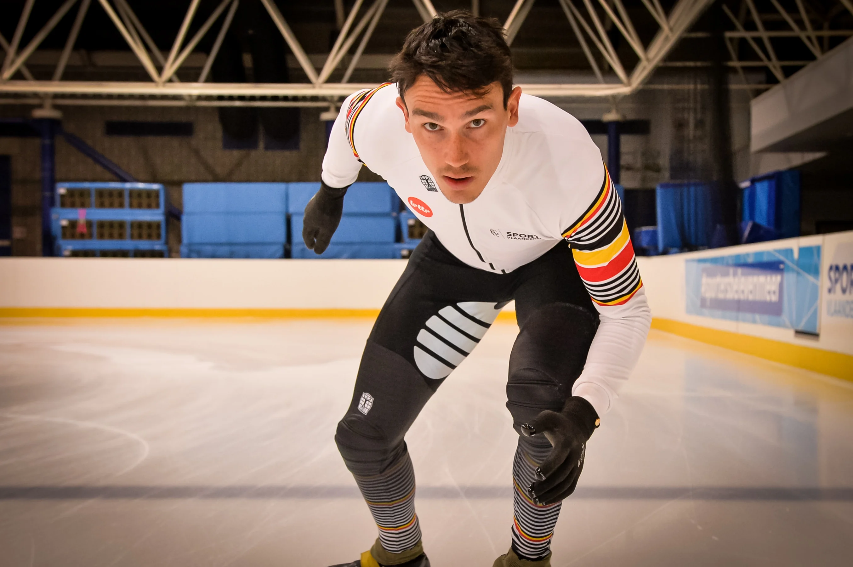 Belgian shorttrack skater Stijn Desmet poses for the photographer during a training session of Belgian shorttrack skaters in Hasselt, Thursday 18 May 2023. BELGA PHOTO JILL DELSAUX