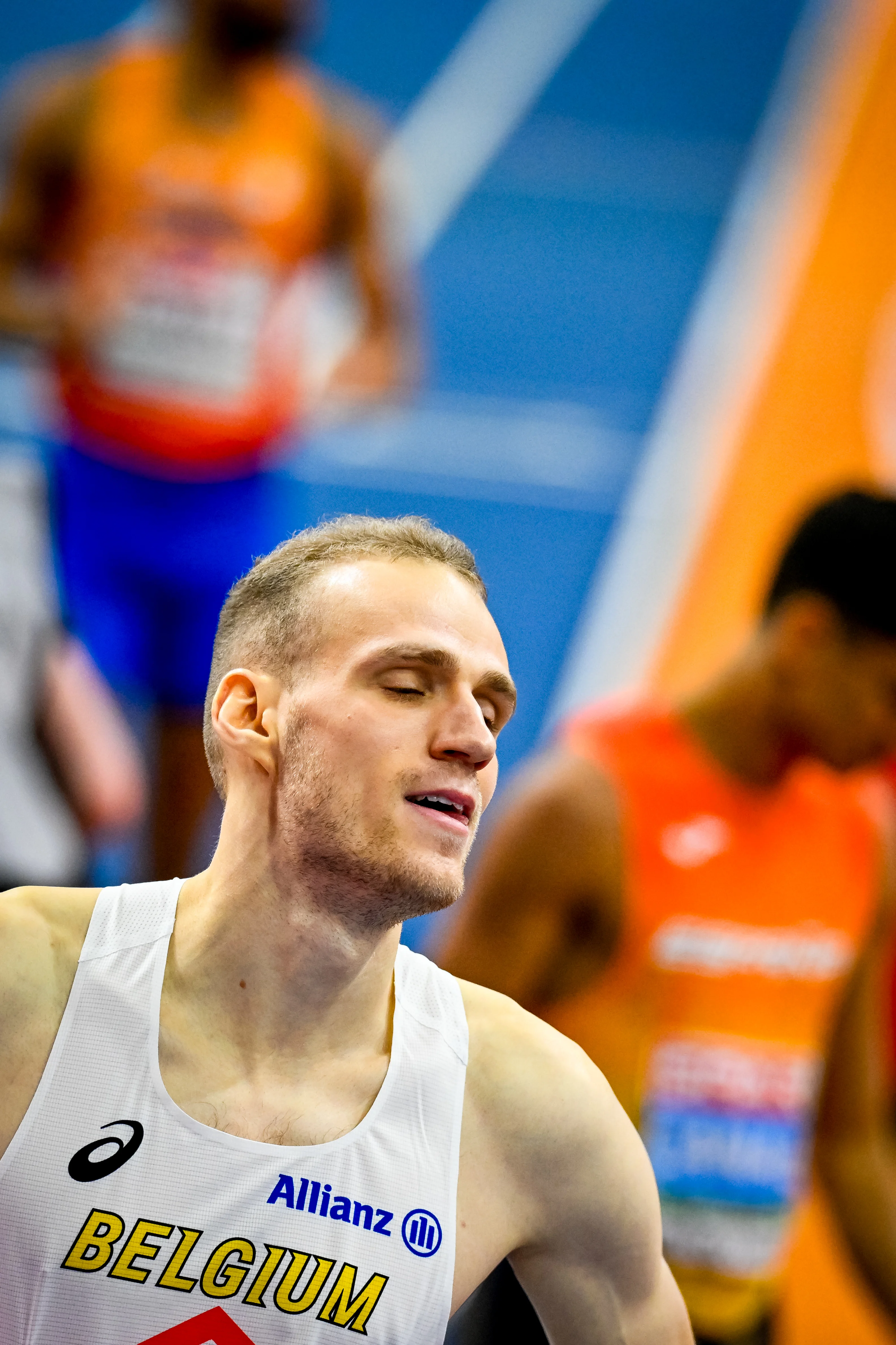 Belgian Eliott Crestan reacts after the European Athletics Indoor Championships, in Apeldoorn, The Netherlands, Sunday 09 March 2025. The championships take place from 6 to 9 March. BELGA PHOTO ERIC LALMAND