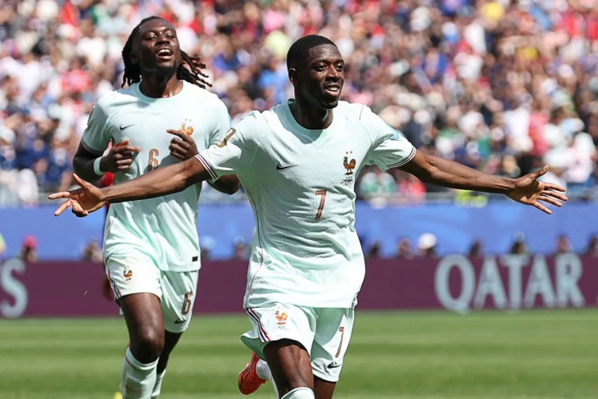France's forward #07 Ousmane Dembele celebrates scoring his team's third goal during the 2026 World Cup Group I football match between Norway and France at the Boston Stadium in Foxborough on June 26, 2026.  FRANCK FIFE / AFP