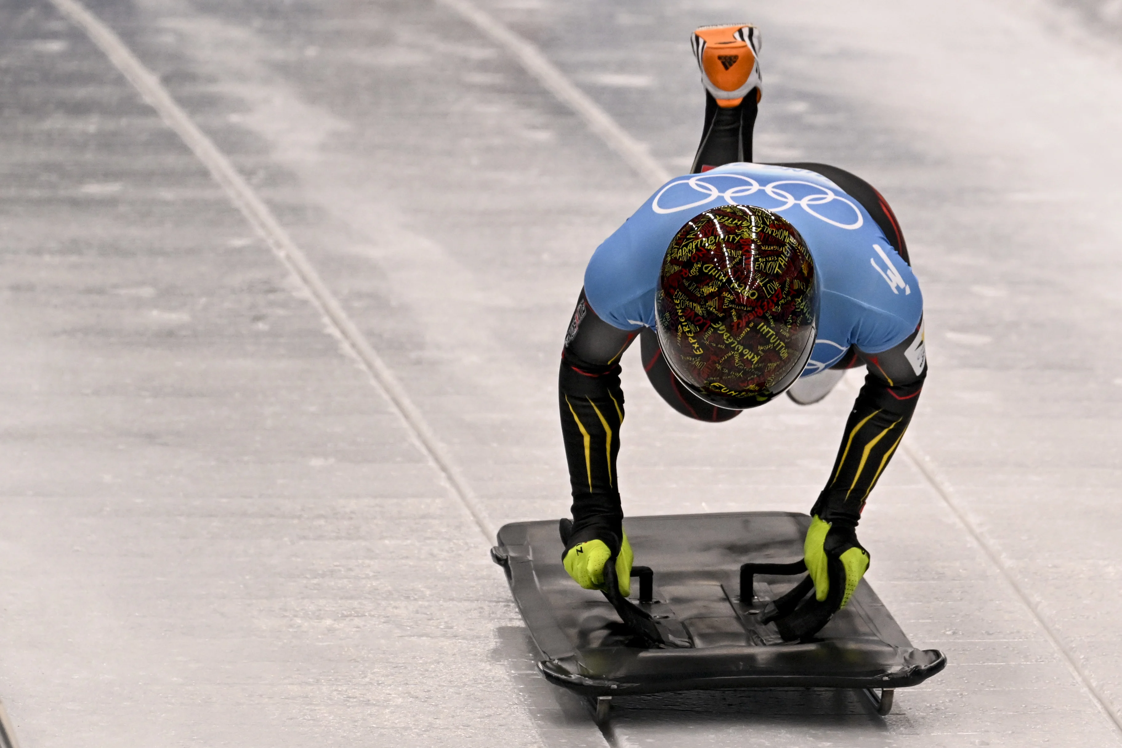 Belgian skeleton athlete Kim Meylemans pictured in action during the third run of the women's Skeleton event at the Beijing 2022 Winter Olympics in Beijing, China, Saturday 12 February 2022. The winter Olympics are taking place from 4 February to 20 February 2022. BELGA PHOTO LAURIE DIEFFEMBACQ