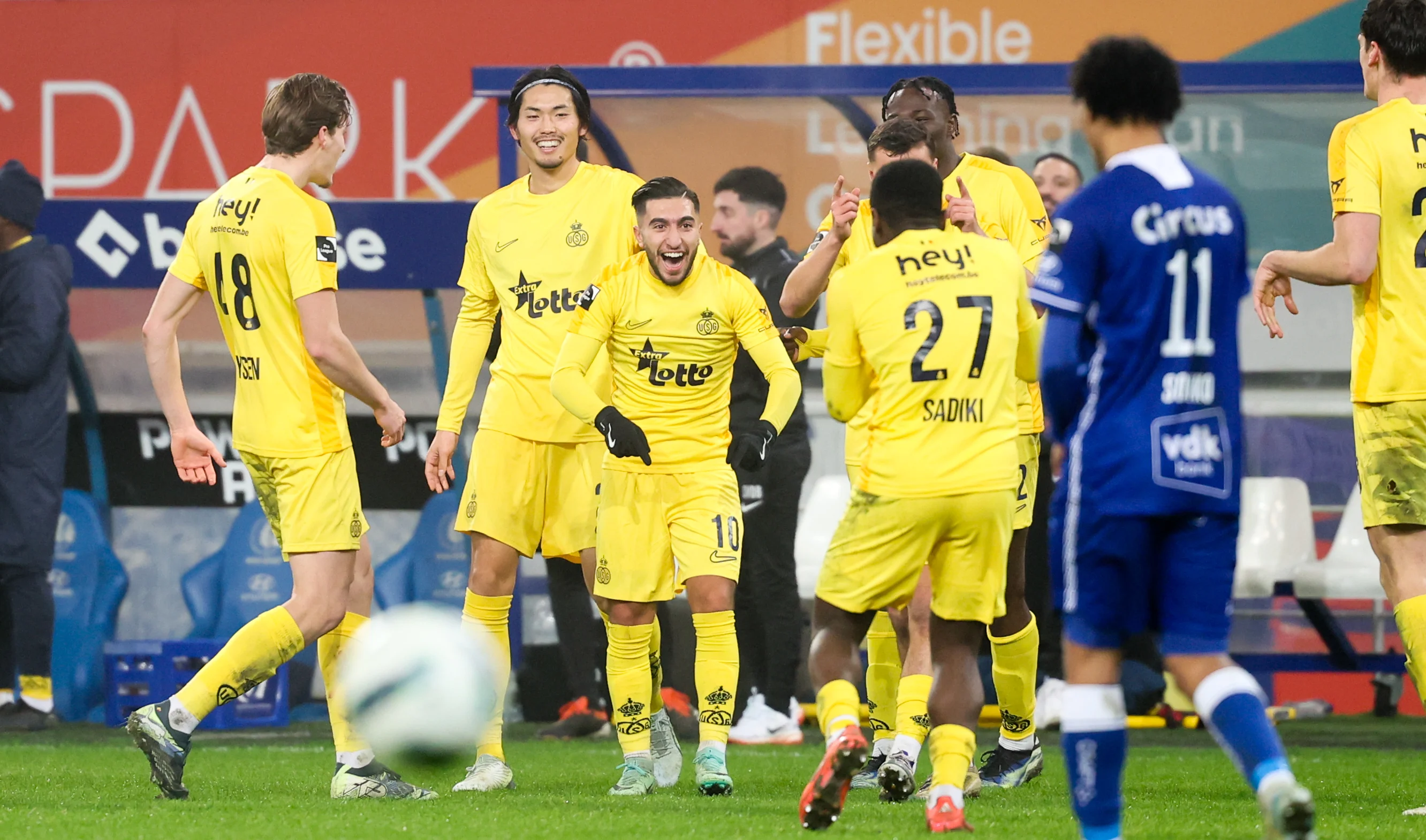 Union's Anouar Ait El Hadj celebrates after scoring during a soccer game between KAA Gent and Royale Union SG, Thursday 26 December 2024 in Gent, on day 20 of the 2024-2025 season of the "Jupiler Pro League" first division of the Belgian champiosnhip. BELGA PHOTO VIRGINIE LEFOUR