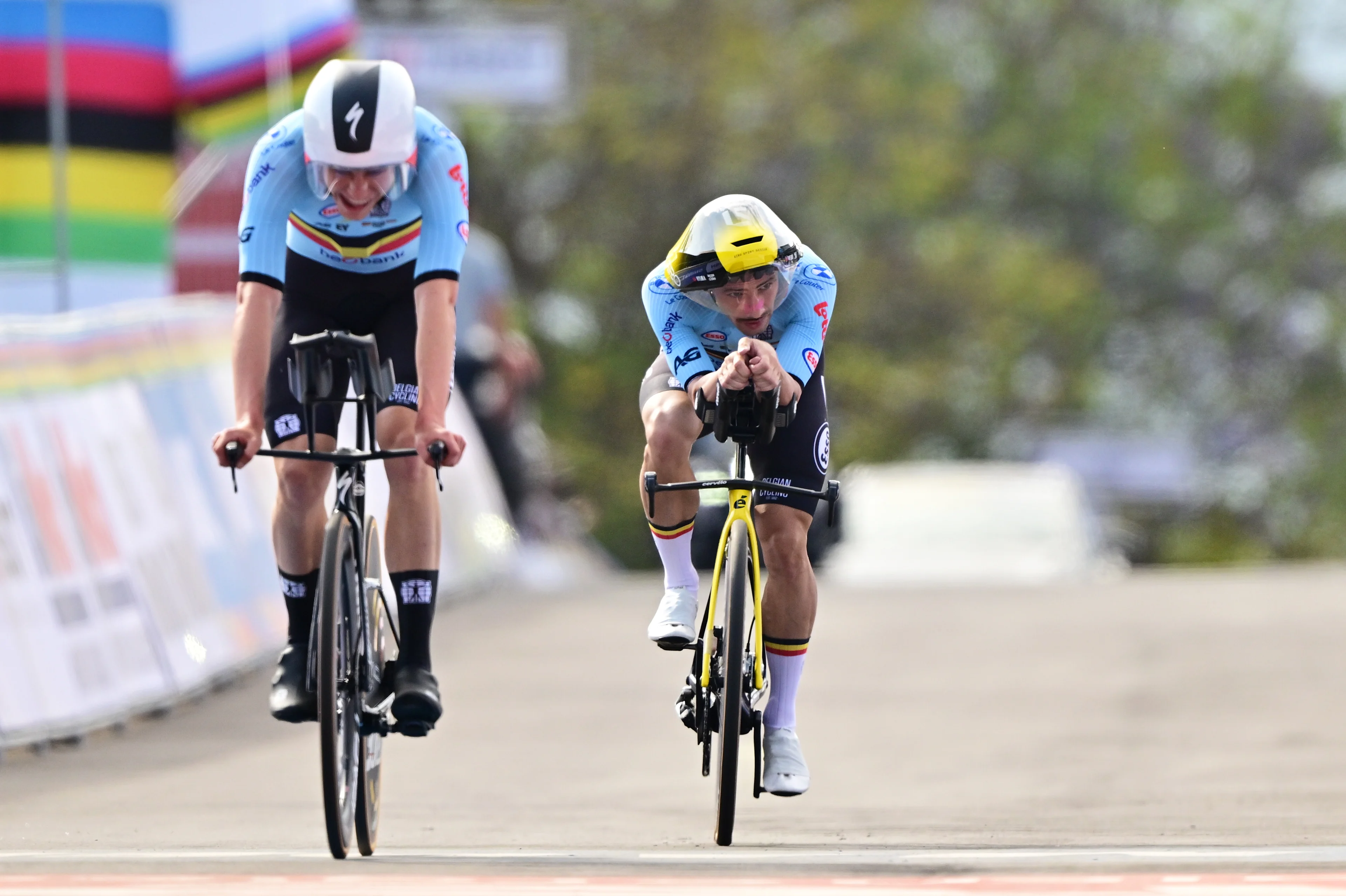 Belgian Jonathan Vervenne and Belgian Victor Campenaerts cross the finish line of the Team Time Trial Mixed Relay race (41,8km) at the cycling road world championships, in Kigali, Rwanda, Wednesday 24 September 2025. The 2025 UCI Road World Championships take place from 21 to 28 September in Kigali, Rwanda. BELGA PHOTO DIRK WAEM