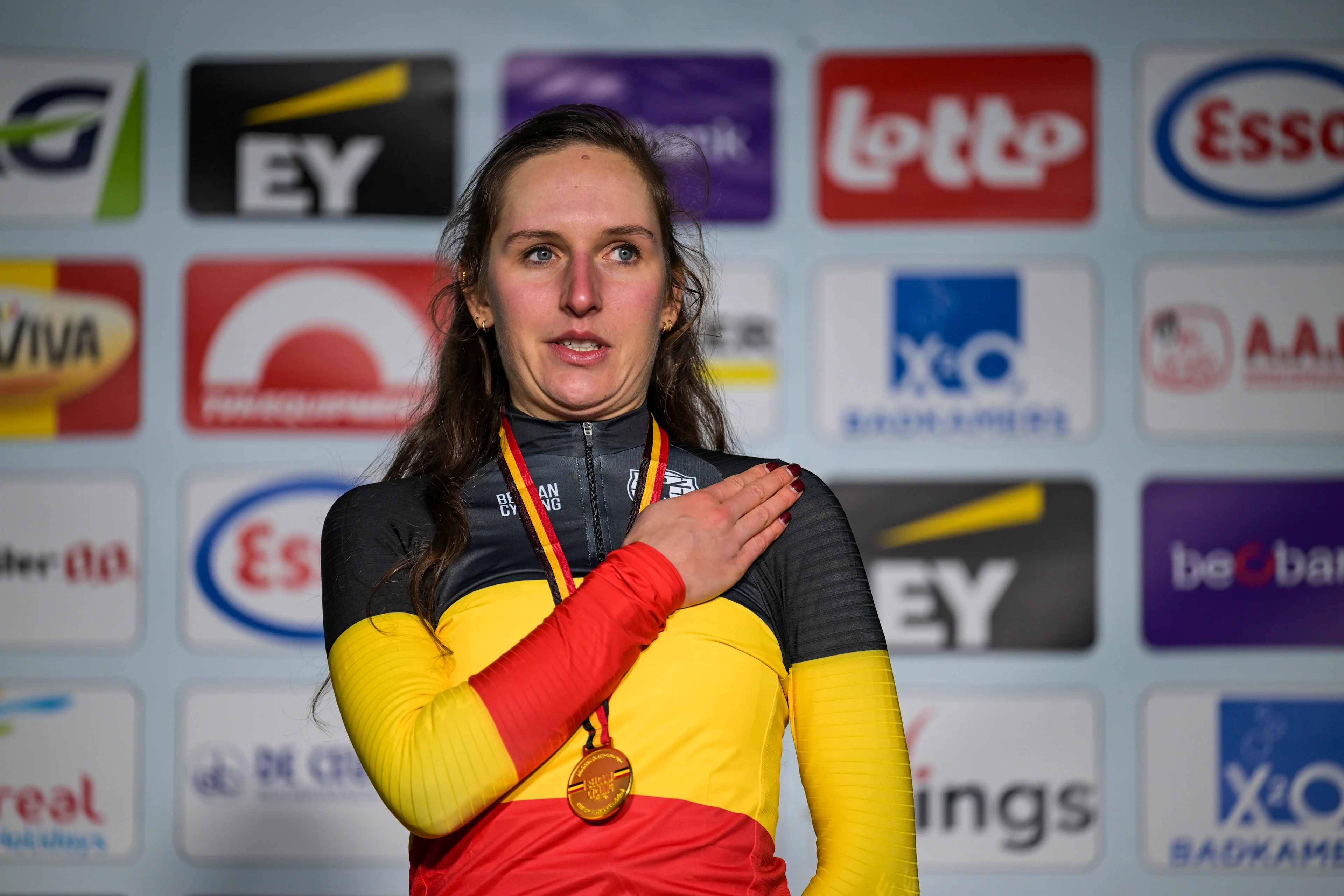 Belgian champion Emeline Detilleux pictured on the podium after the Women elite 2 race (without contact) at the Belgian Cyclocross Championships in Beringen on Saturday 10 January 2026. BELGA PHOTO DAVID PINTENS