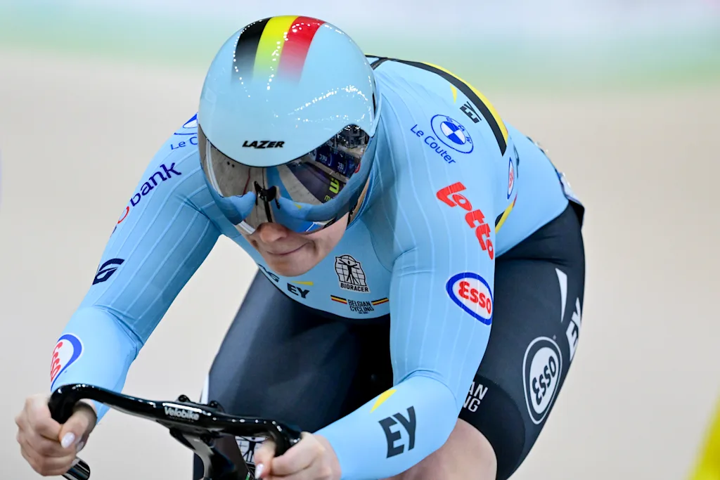 Belgian Nicky Degrendele pictured in action during the women's Keirin first round at the fifth and last day of the 2026 UEC Track Elite European Championships, in Konya, Turkey, Thursday 05 February 2026. The European Championships take place from 01 to 05 February 2026. BELGA PHOTO DIRK WAEM