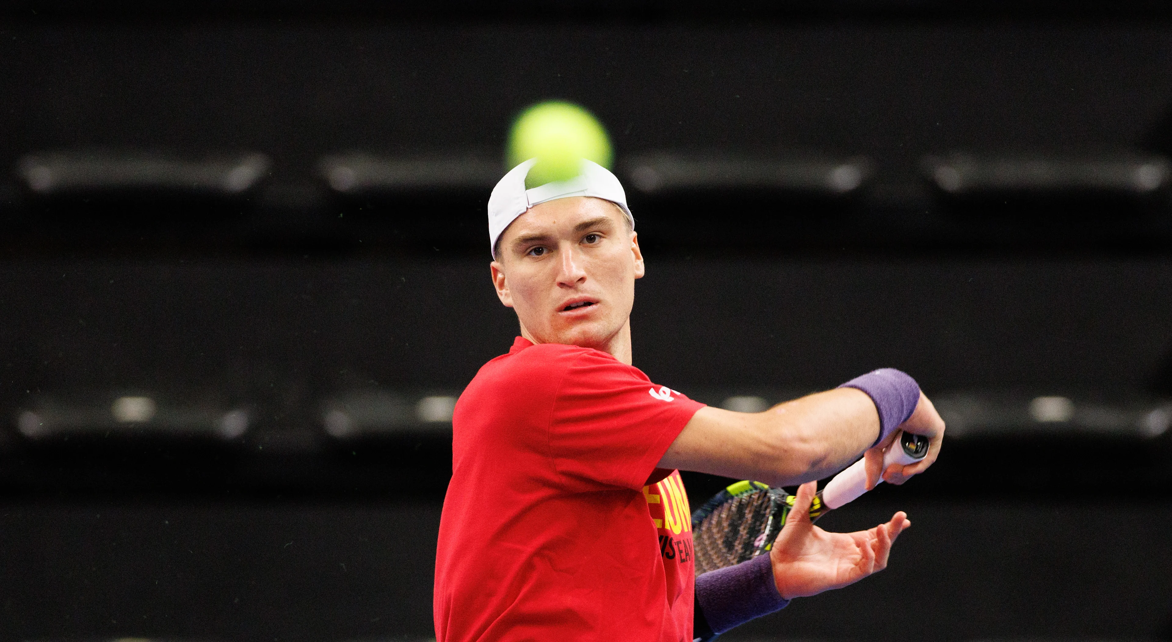 Belgian Raphael Collignon pictured in action during a training practice of the Belgian team, Tuesday 28 January 2025, in Hasselt. Belgium will compete this weekend in the Davis Cup qualifiers against Chile. BELGA PHOTO BENOIT DOPPAGNE