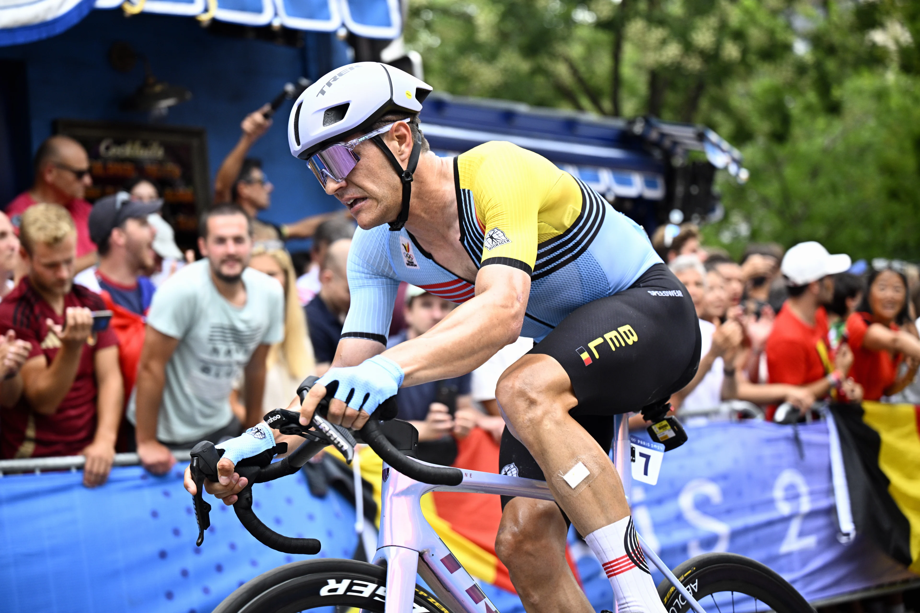 Belgian cyclist Jasper Stuyven pictured in action during the men's road race at the Paris 2024 Olympic Games, on Saturday 03 August 2024 in Paris, France. The Games of the XXXIII Olympiad are taking place in Paris from 26 July to 11 August. The Belgian delegation counts 165 athletes competing in 21 sports. BELGA PHOTO JASPER JACOBS