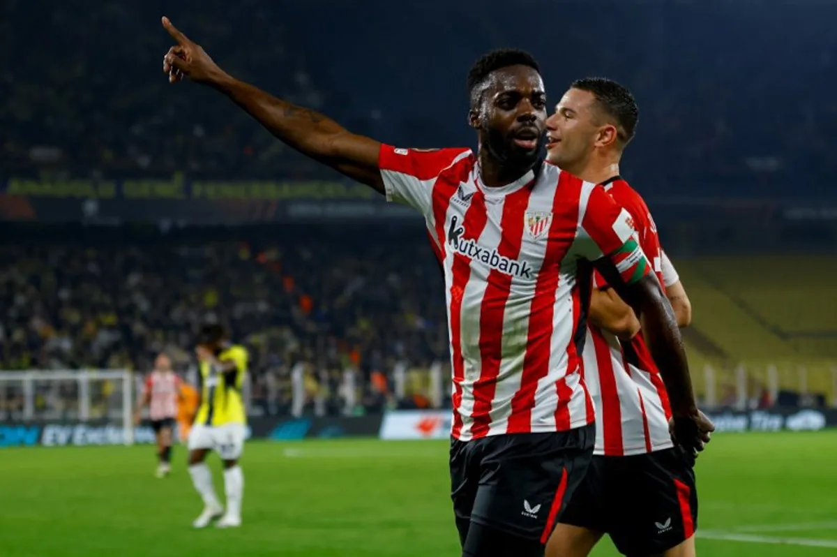 Athletic Bilbao's Spanish forward #09 Inaki Williams  celebrates scoring his team' second goal during the UEFA Europa League, football match between Fenerbahce SK and Athletic Bilbao at the Sukru Saracoglu Stadium in Istanbul on December 11, 2024.  KEMAL ASLAN / AFP