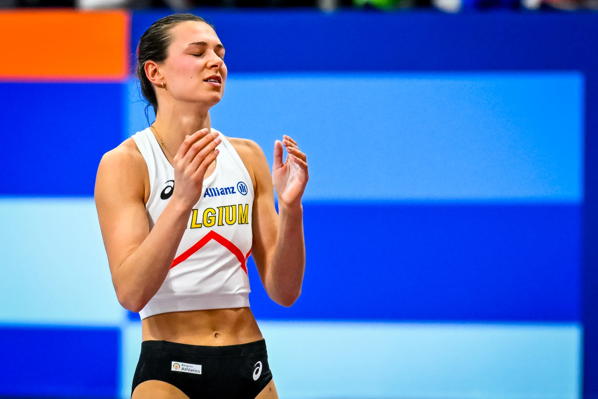 Belgian Elien Vekemans looks dejected after the European Athletics Indoor Championships, in Apeldoorn, The Netherlands, Saturday 08 March 2025. The championships take place from 6 to 9 March. BELGA PHOTO ERIC LALMAND